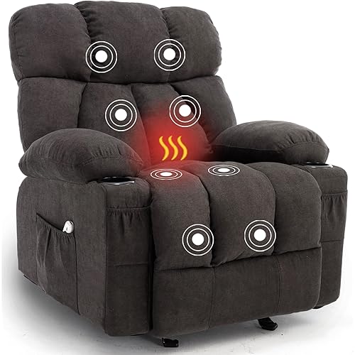 Massage Rocker Recliner Chair with Heat and Vibration Ergonomic Rocking Lounge Chair for Living Room Comfy Overstuffed Recliner with 4 Side Pockets,2 Cup Holders, USB Charge Port,Black