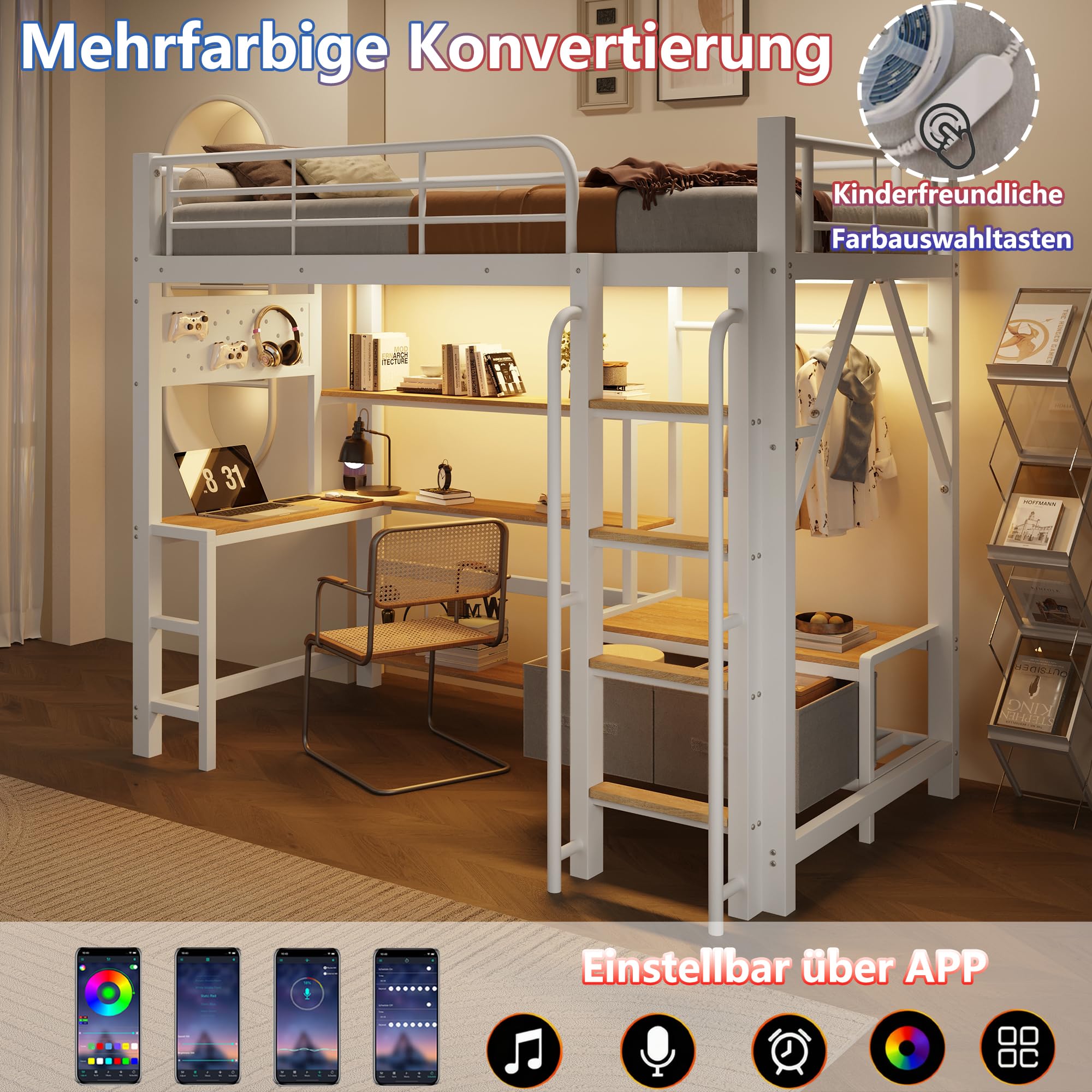 Hochbett 90x200 mit LED Streifen & USB, Kinderbett mit Schreibtisch