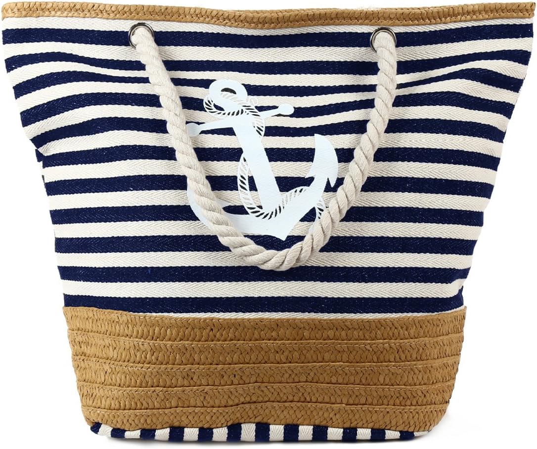 PULAMA Women Beach Tote Canvas Shoulder Bag Anchor Summer Handbag Top Handle Bag Straw Beach Bag