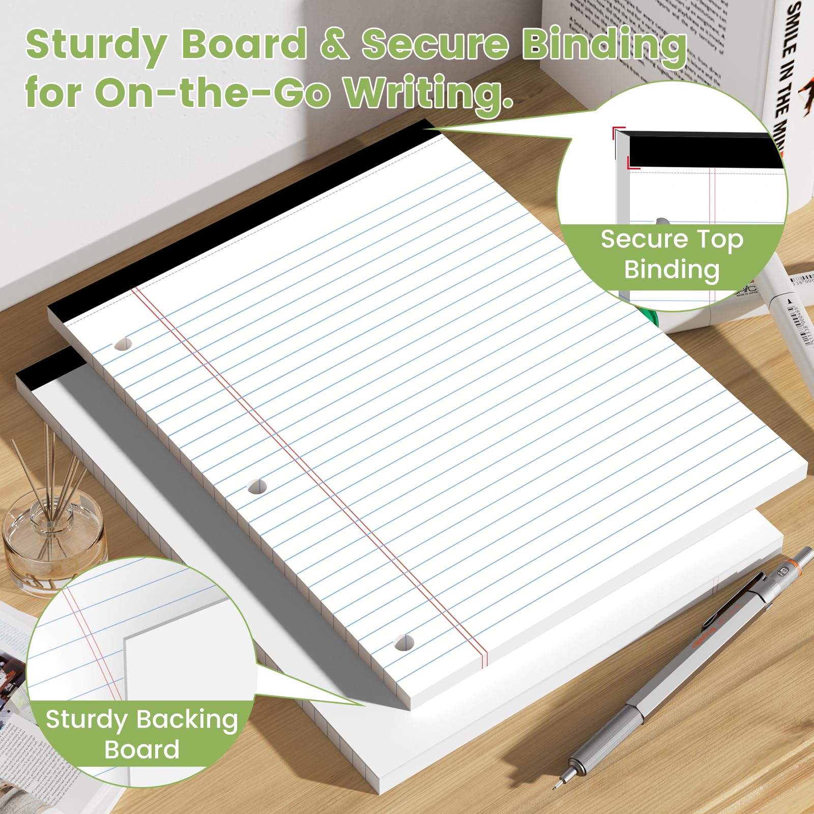 Lot de 12 blocs juridiques blancs de 21,6 x 27,9 cm, larges lignés avec perforation à 3 trous, feuilles mobiles pour classeurs à 3 anneaux, 30 feuilles/paquet, perforés pour l'école, le