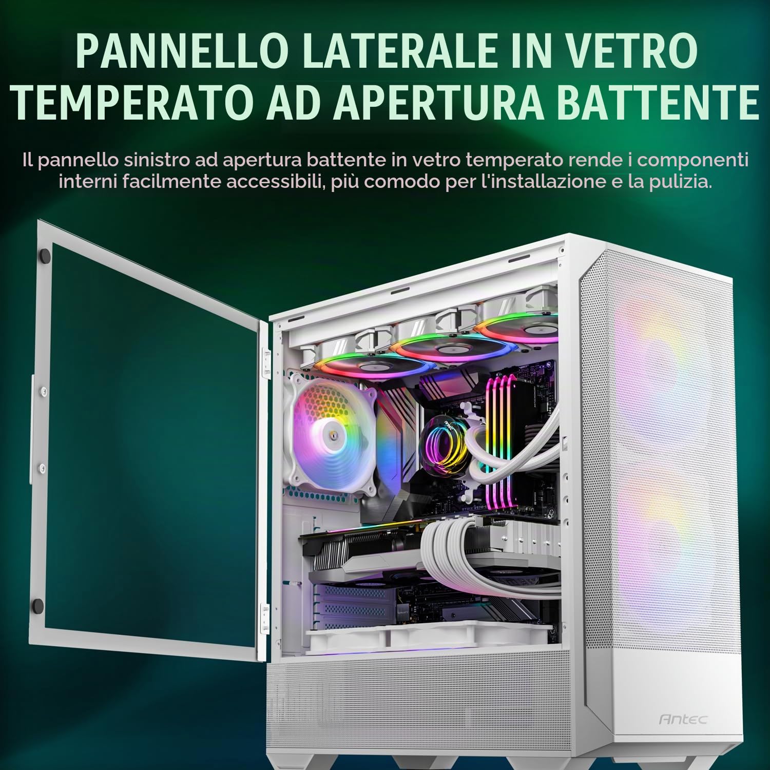 ANTEC NX416L bianco, pannello frontale in rete ad alto flusso d'aria, 2 ventole ARGB da 160 mm e 1 da 120 mm incluse, pannello laterale con cerniera in vetro temperato, fino a 11 ventole, supporto
