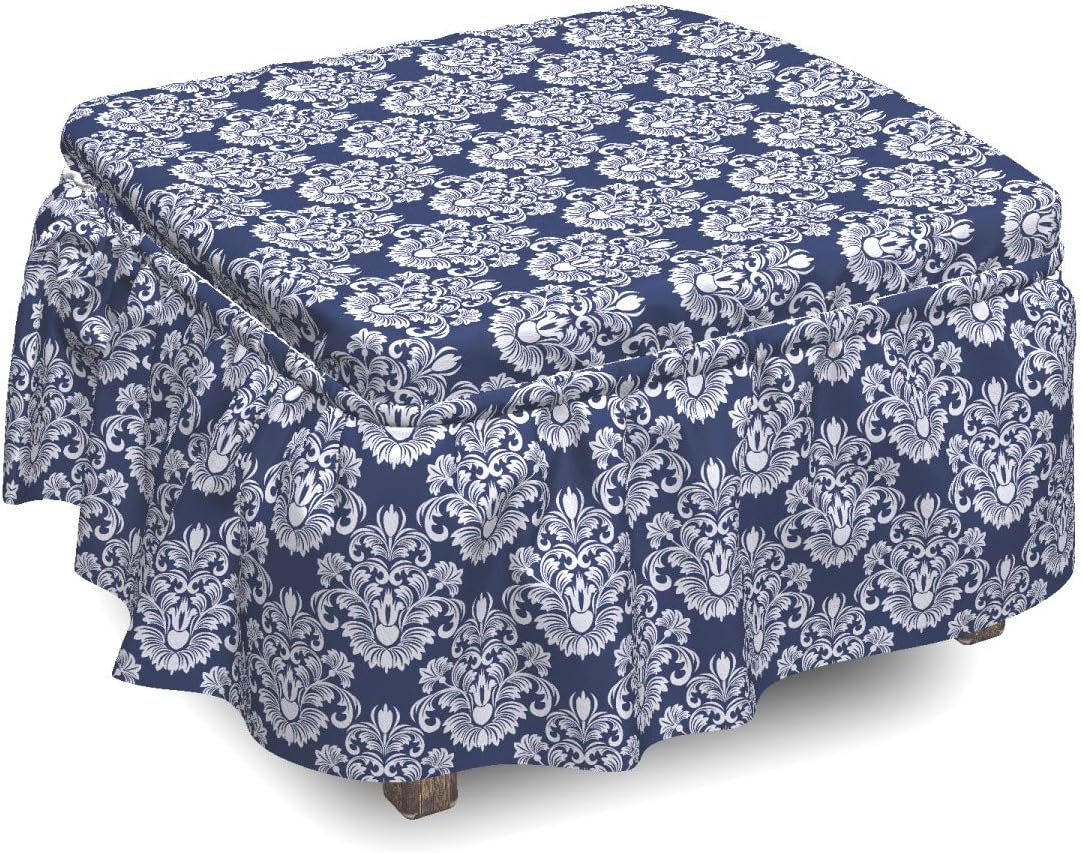 Ambesonne Navy Blue Ottoman Cover, Floral Antique Damask, 2 Piece