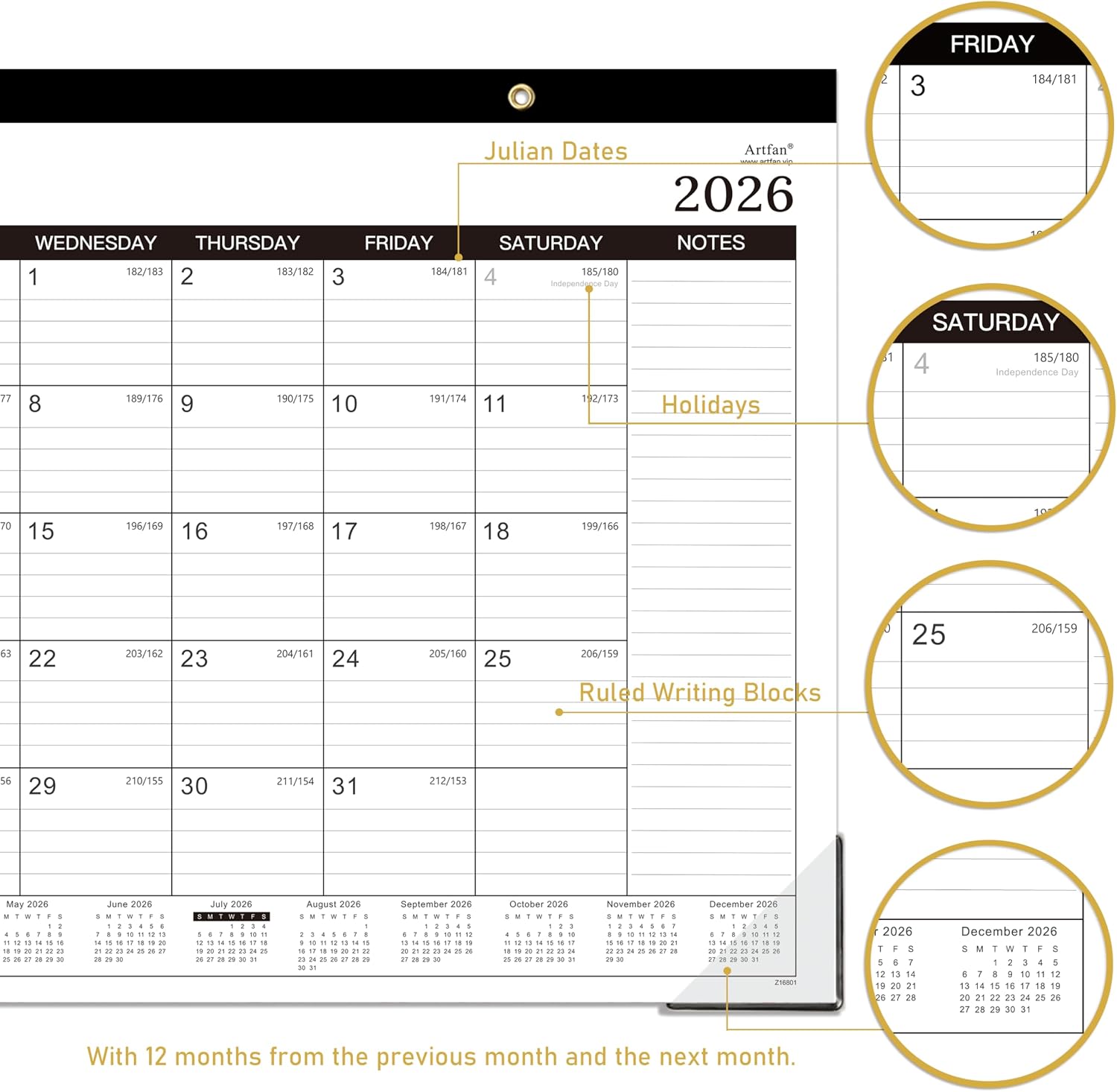 2026-2027 Desk Calendar - Desk Calendar 2026-2027, Jul.2026 - Dec.2027, 18 Monthly Desk/Wall Calendar 2-in-1, 16.8" x 12", Thick Paper with Corner Protectors, Large Ruled Blocks - Classic Black