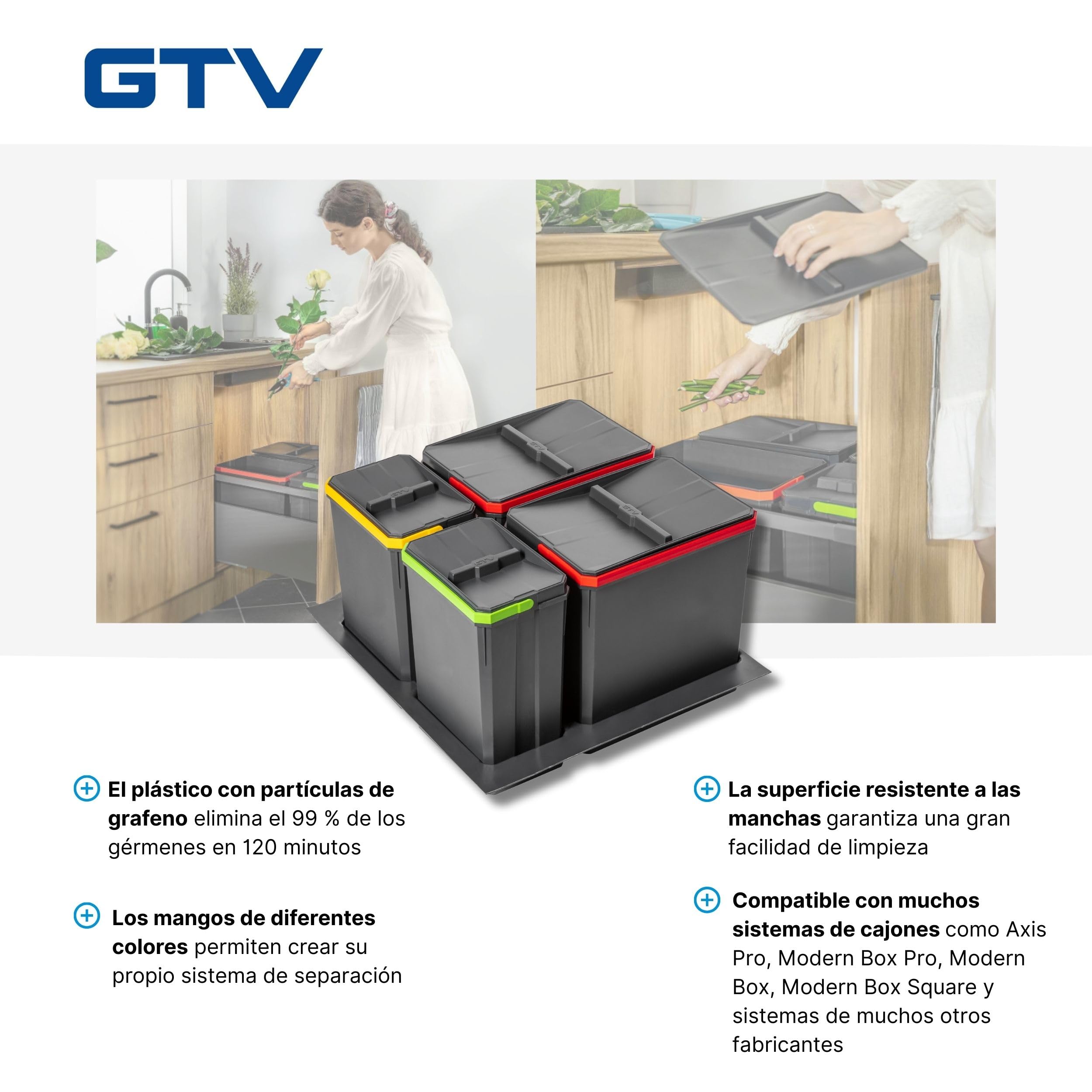 GTV - Juego de cubos de basura AxiSpace para cajones y armarios con ancho de 600 mm, juego compuesto por 2 recipientes de 15 l, 2 x 7 l, cubo de basura de plástico con partículas de grafeno, color