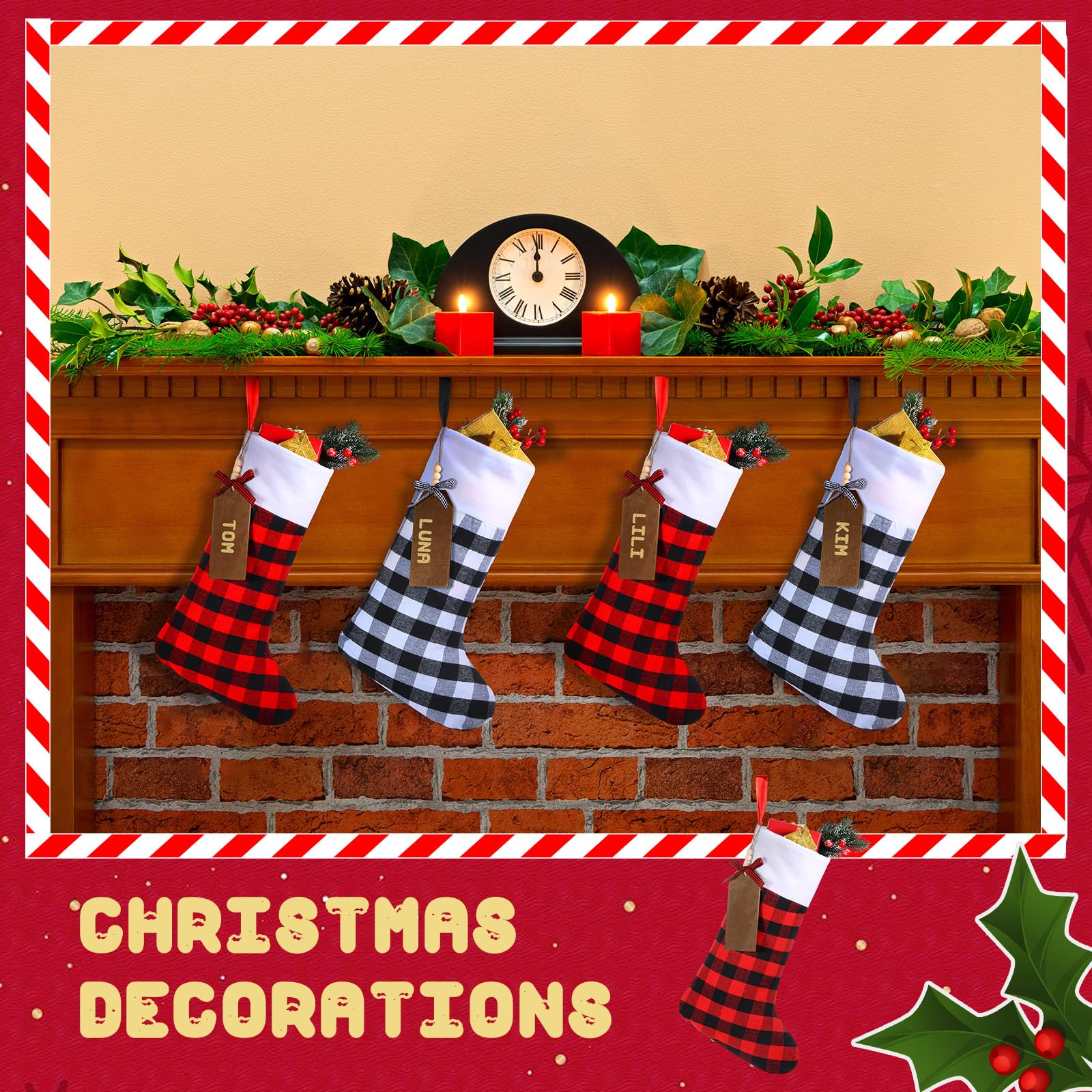 Lot de 16 grandes chaussettes de Noël avec étiquettes de nom en bois à faire soi-même - 45,7 cm - Décorations de Noël à suspendre avec étiquettes pour décoration de fête de Noël (blanc noir, rouge