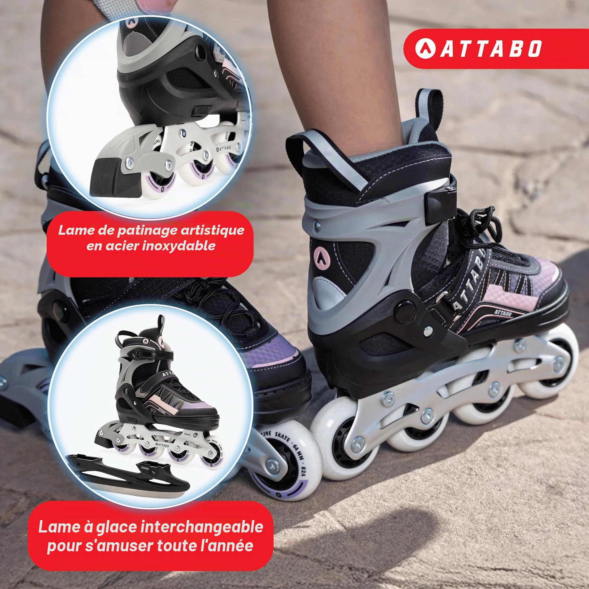 ATTABO Bladeroll Patins à Glace pour Enfant - Longueur réglable, roulements de qualité supérieure, Patins interchangeables, Confort et sécurité en Plein
