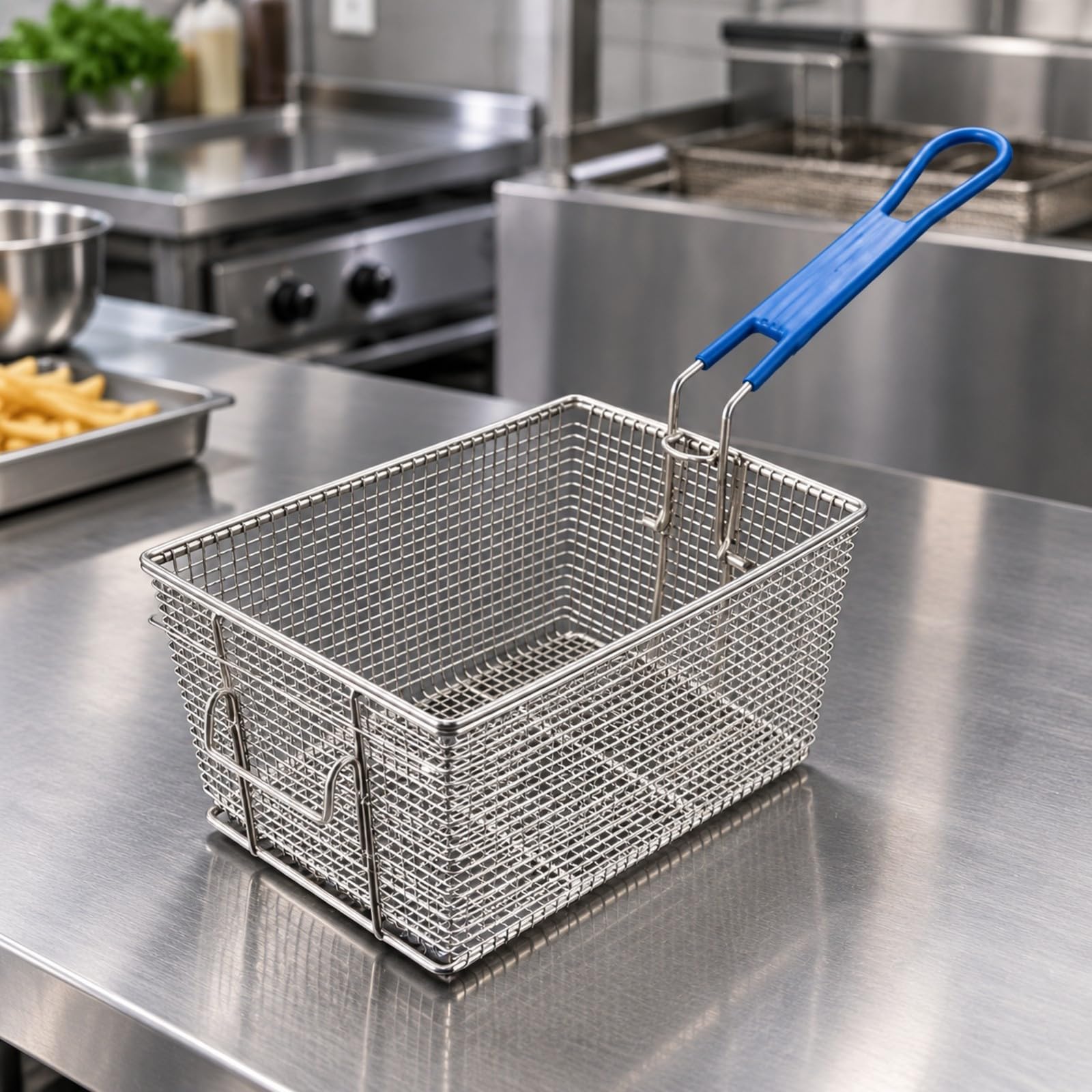 rockible Panier Friteuse Poignée Longue Panier à Frites En Acier Inoxydable Robuste Passoire à Friture En Acier Inoxydable pr Traiteurs, Poignée Bleue