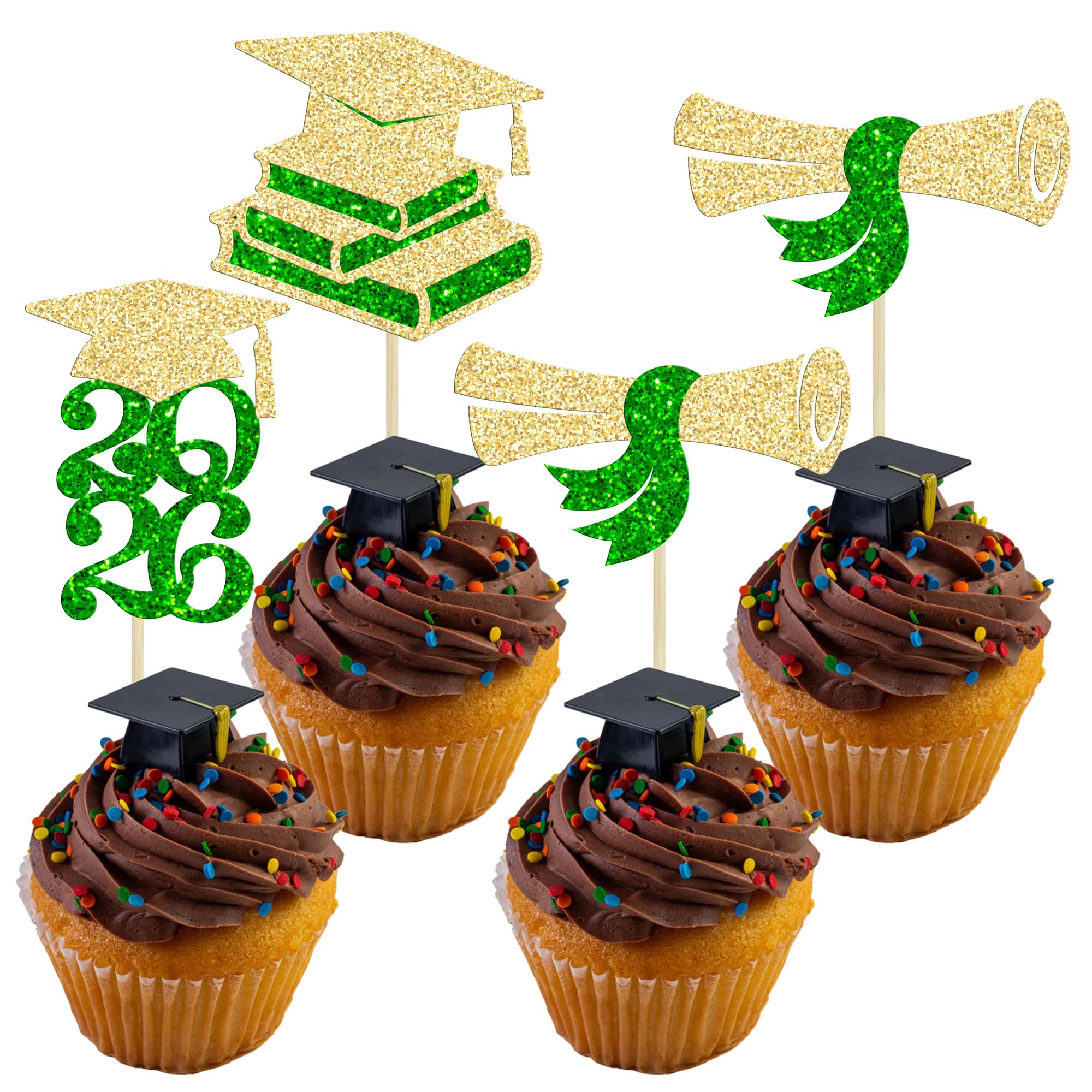 Ephlyn 24Pcs 2026 Graduation Theme Cupcake Toppers Glitter Class of 2026 Cupcake Picks Diploma Grad Cap Cupcake Decorations for 2026 Graduation Theme Party Cake Decorations Supplies Green Gold