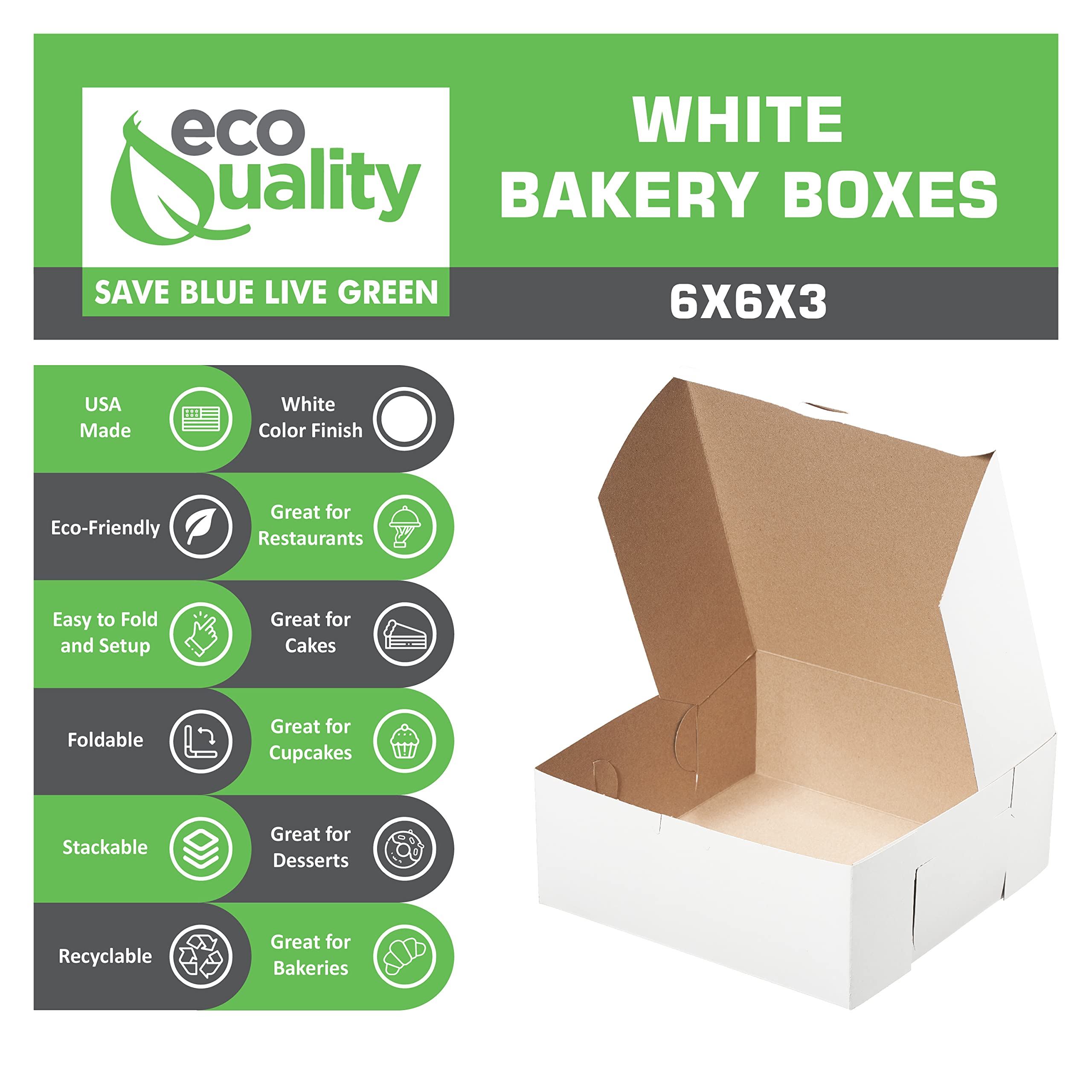 White Bakery Pastry Boxes - 6 x 6 x 3 Inches - White Kraft Paperboard for Home or Retail - Eco Friendly Paper Cardboard Recyclable for Pastries, Cookies, Cakes, Pies, Gift Box, Baby Shower (25)
