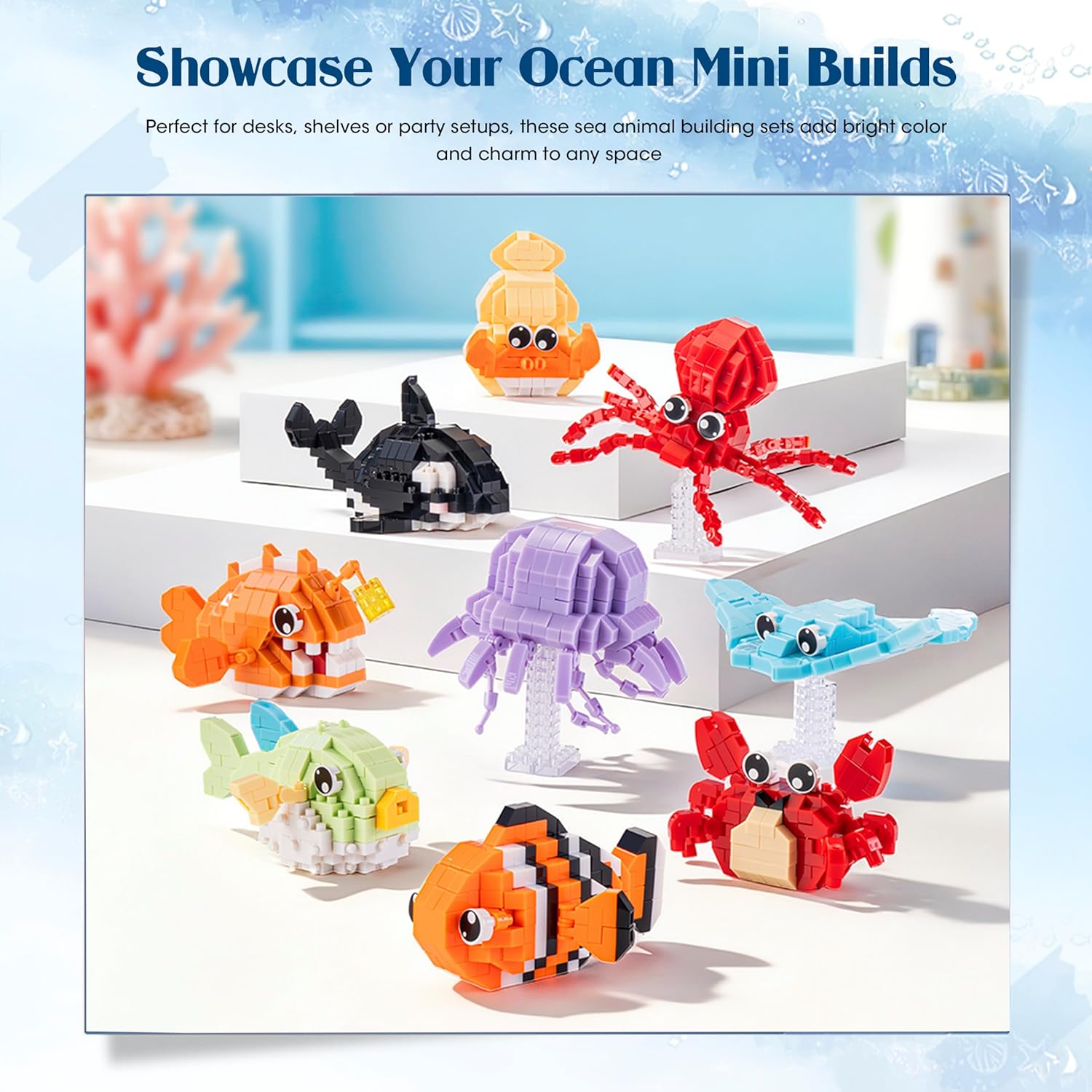 Mini Sea Animal Building Sets Easter 9 Pack Ocean Micro Brick Models 1780 PCS Party Favors Display Gift Christmas Birthday Ages 14+