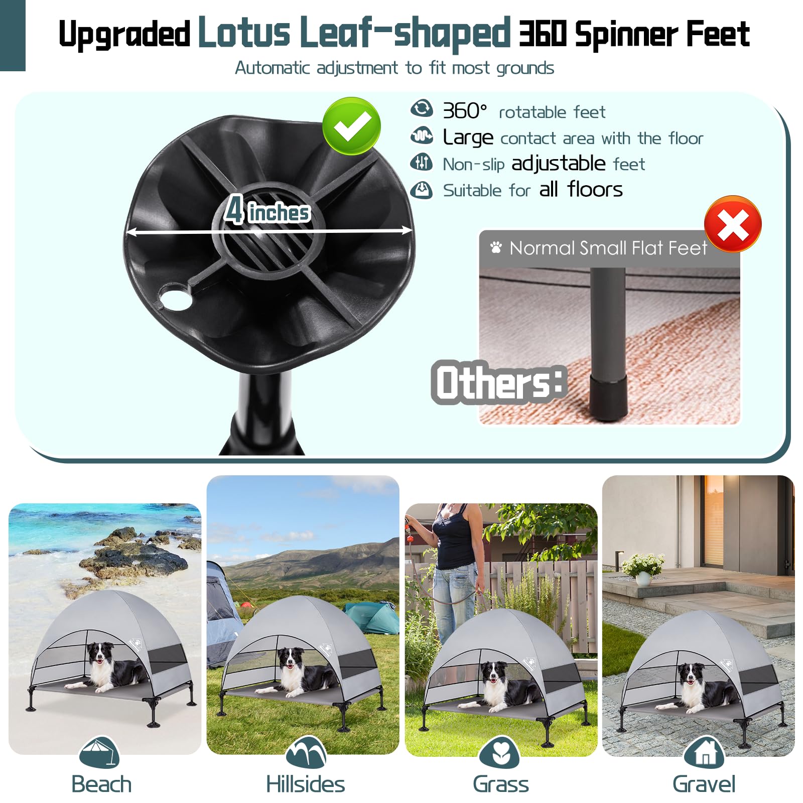 Elevated Outdoor Dog Bed with Canopy, Raised Outside Cot with Stable Adjustable Feet, Dog Camping Bed with Larger Shade, Lifted Pet Tent Bed with Canopy for Outside Camping, Backyard, Patio & Beach