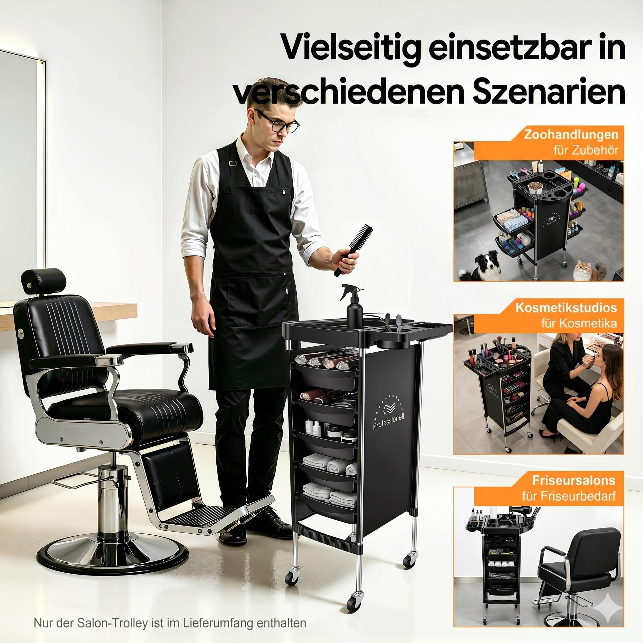Friseurwagen mit Rollen, 36 * 85.5cm 5 Schubladen Salon Rollwagen Rechteckig mit Mehrere Aussparungen für Friseurbedarf, Schmuck, Kosmetika, Schwarz