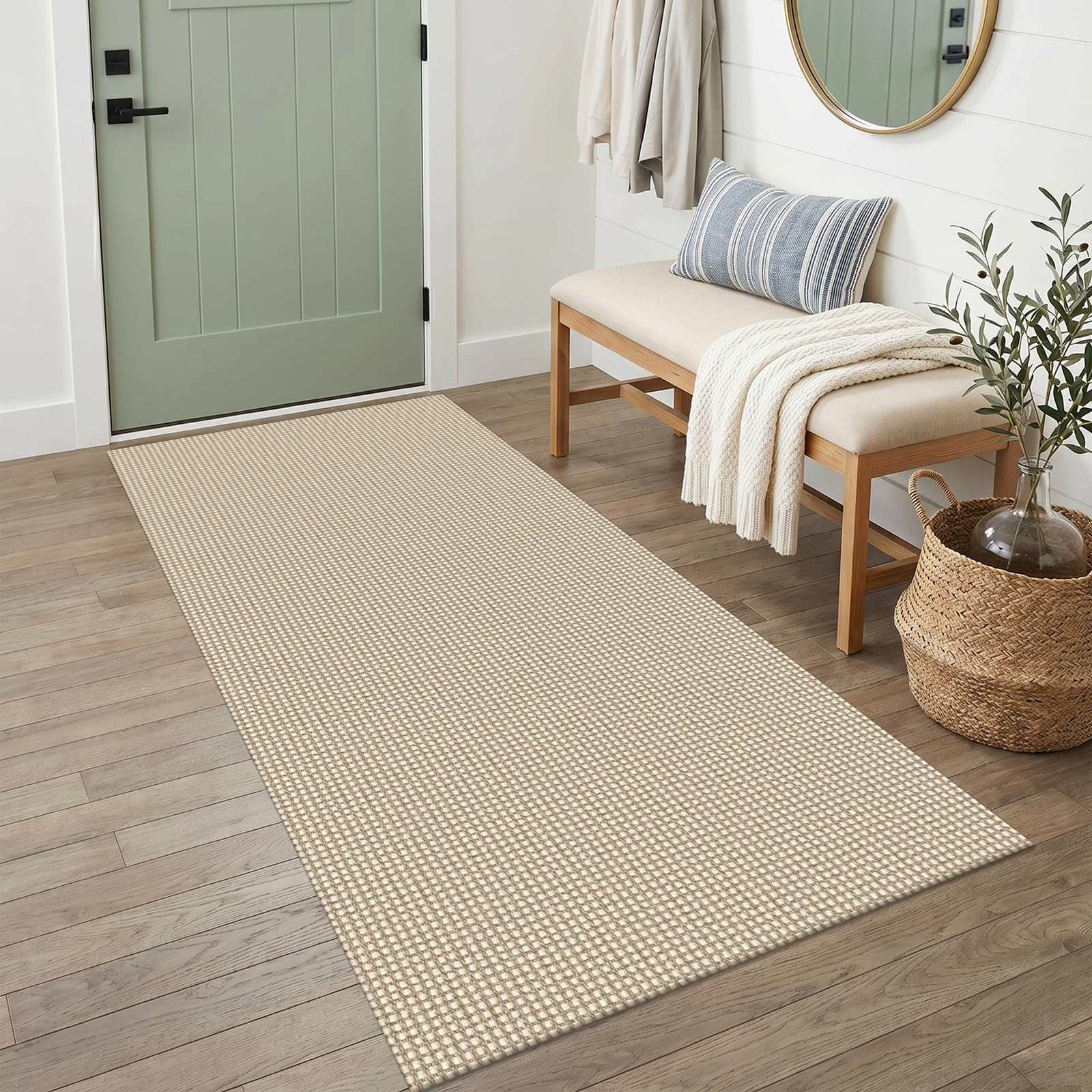 IOHOUZE Washable Runner Rug 3x6 Non Slip Rubber Backed Wide Hallway Runner Entryway Runner Indoor, Kitchen Rugs Woven Floor Carpet for Hall Entrance Bedroom, Cream/Beige