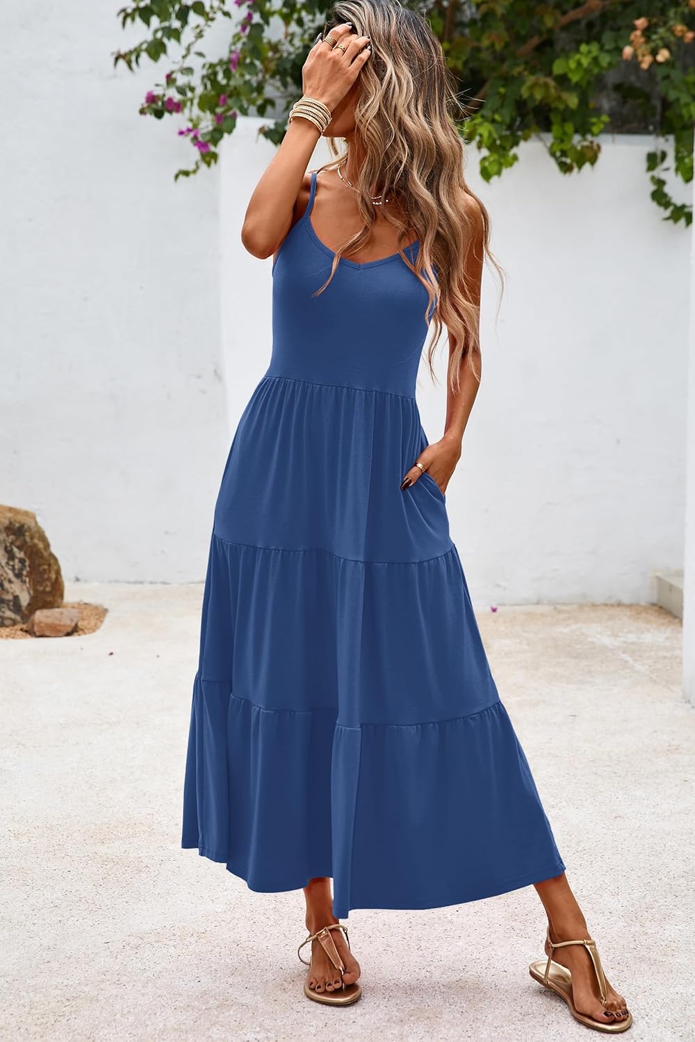 Halife Womens Flowy Tiered Maxi Dress Sleeveless Summer Sundresses Adjustable Straps Long Beach Sun Dresses with Pockets - Image 3