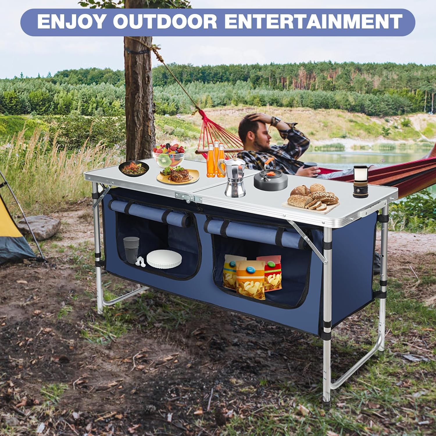 Folding Grill Table, 3x2 FT Portable Camping Table,Outdoor Folding Table, Camping Table with Storage Organizer, for Indoor, BBQ, Party, Picnic, Camping, Hiking, Beach