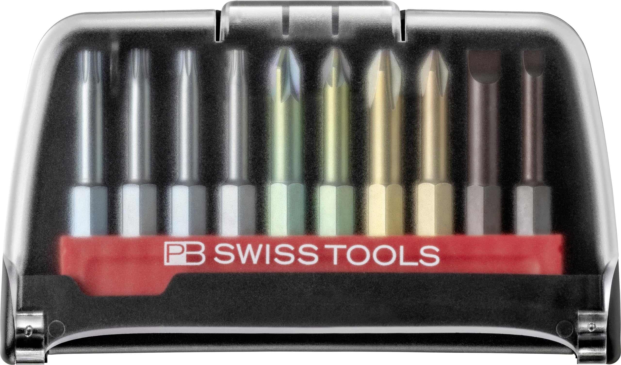 PB Swiss Tools BitCase con 10 puntas de cruz largas Pozidriv Torx | PB E6.702 BC | 100% hecho en Suiza | Juego de puntas con clip de correa para aplicaciones estándar en la industria y la artesanía