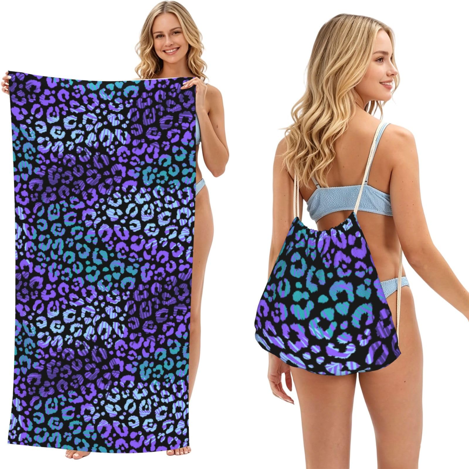 Poadnly As Picture Colorful Leopard Exotic Animal Print, 2 In 1 Packable Towel Bag, Beach Towels With Drawstring Backpack For Travel Holiday Camping