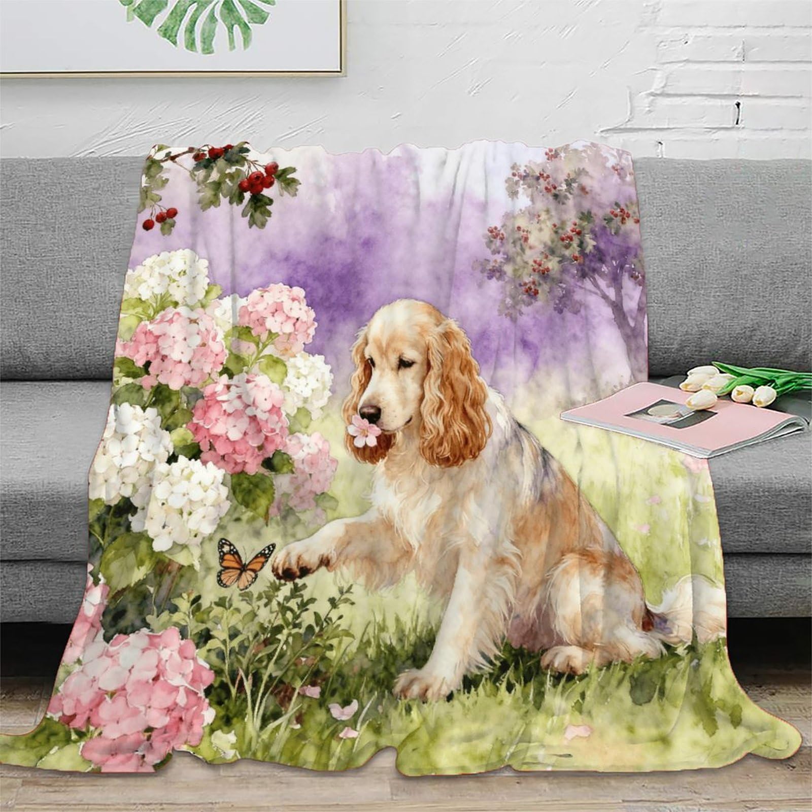 Emyxpaqm Style-6 English Cocker Spaniel Fleece Throw Blanket For Couch Sofa Bed All Season Flower Print Blanket Soft Cozy Warm Flannel For Wedding Anniversary 50X60inch(127X152cm)