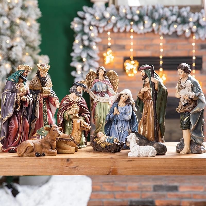 Glitzhome Juego de 12 figuras de Belén de resina para Navidad en interiores, juegos de escenas de Belén de Navidad, figuras coleccionables de Belén de encimera de Navidad, estatua en miniatura para adornos de mesa, regalos de 10,00" x 26,00"