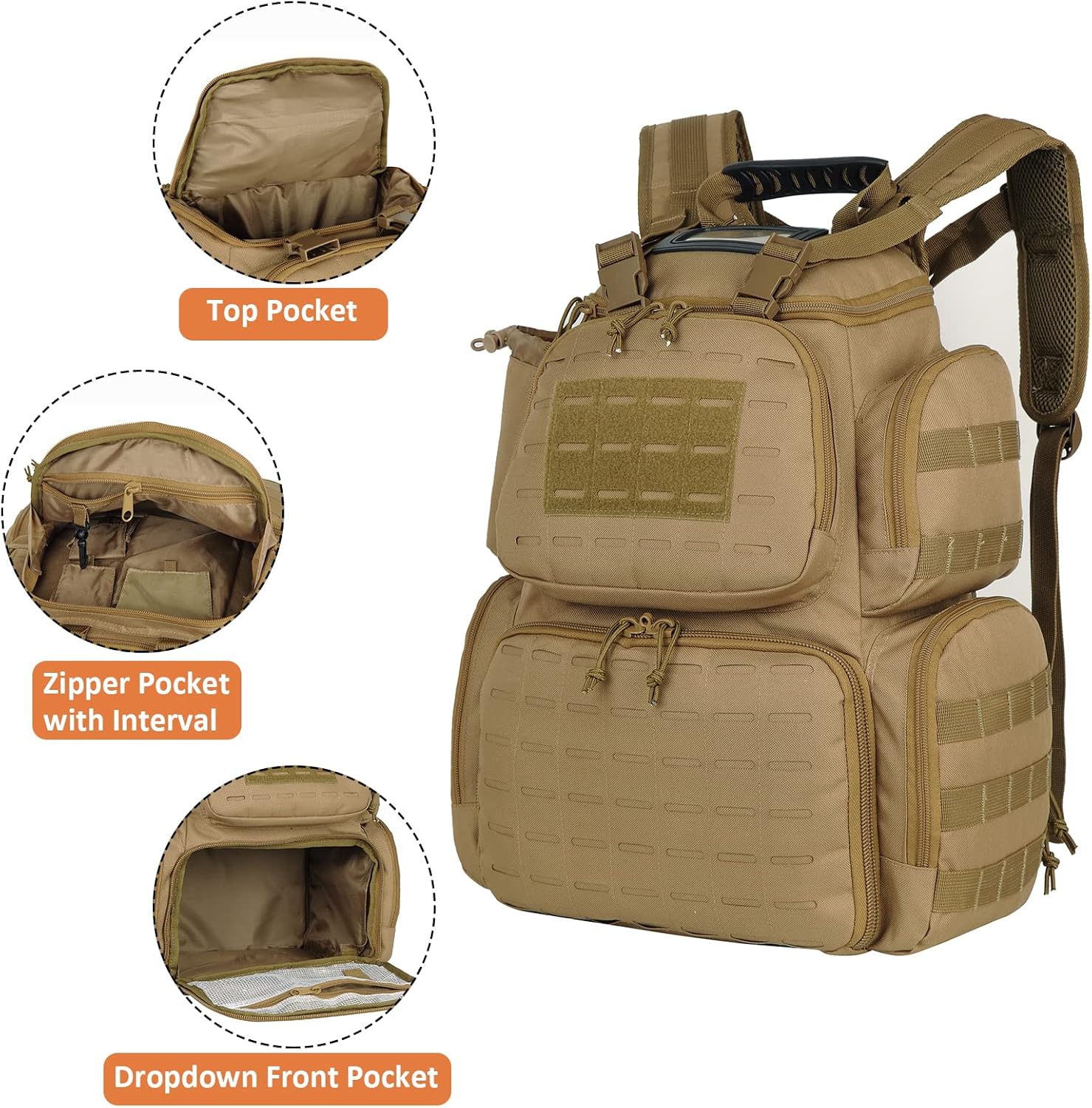 AUMTISC Pistol Gun Range Backpack for Handguns and Ammo, Tactical Shooting Range Bag with 3 Pistol Case, Black/Khaki