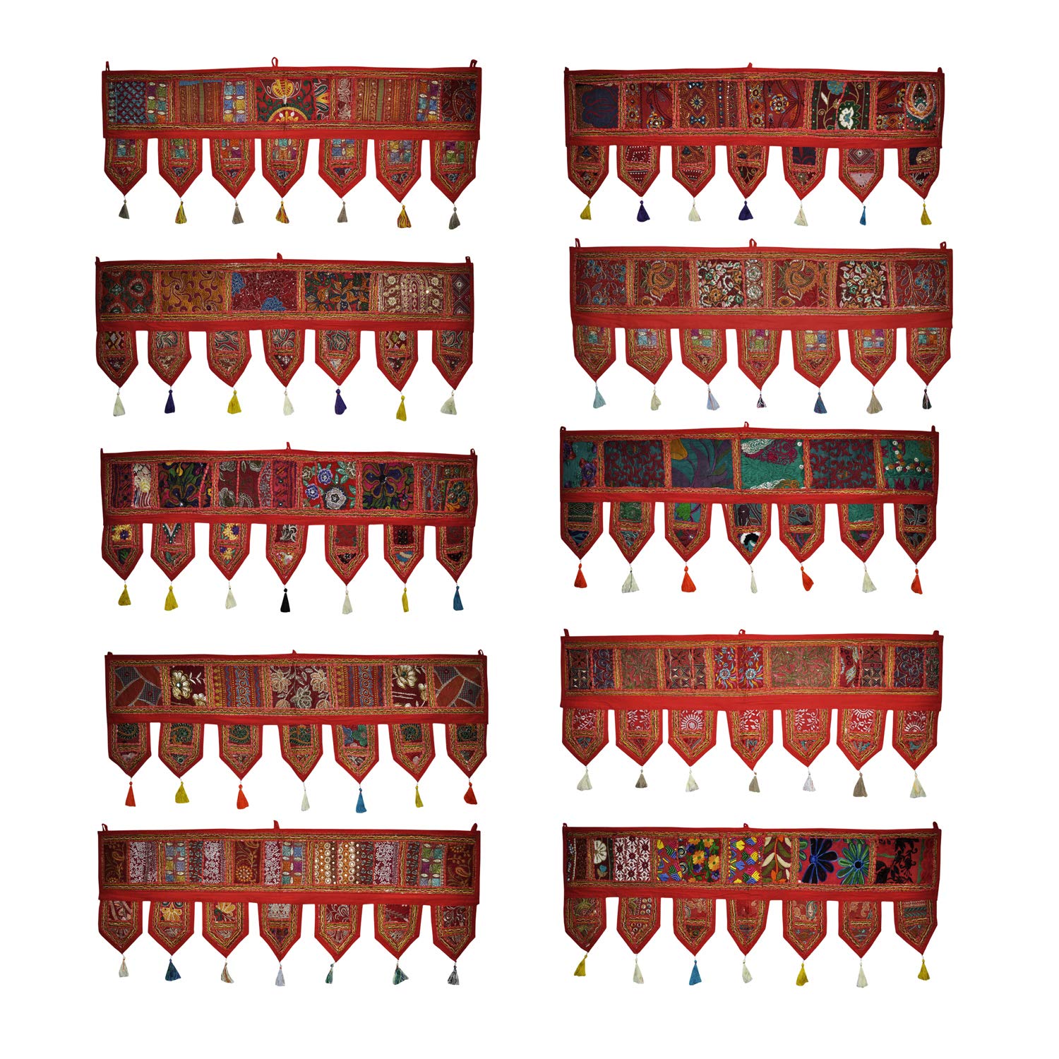 Cantonnière en coton à broderie traditionnelle patchwork rouge Lalhaveli