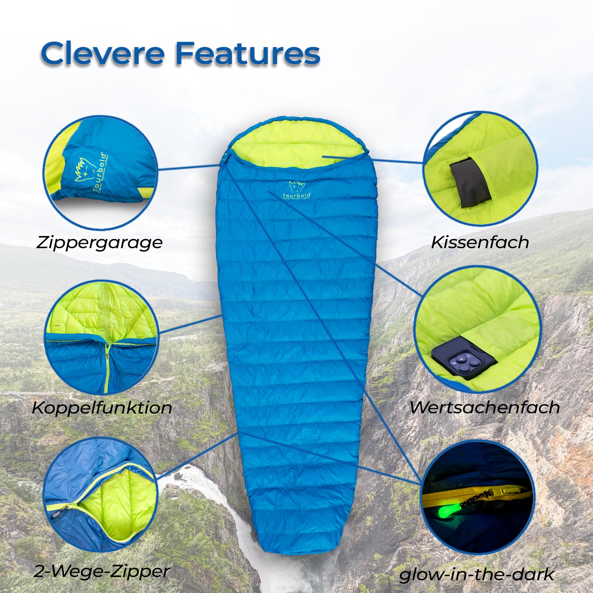 TOURBOLD® TOURBEUTEL – Ultraleichter Daunenschlafsack 550 g Koppelbar | Glow-Zipper Sommer Mumienschlafsack PFC-frei Wandern Camping Bikepacking