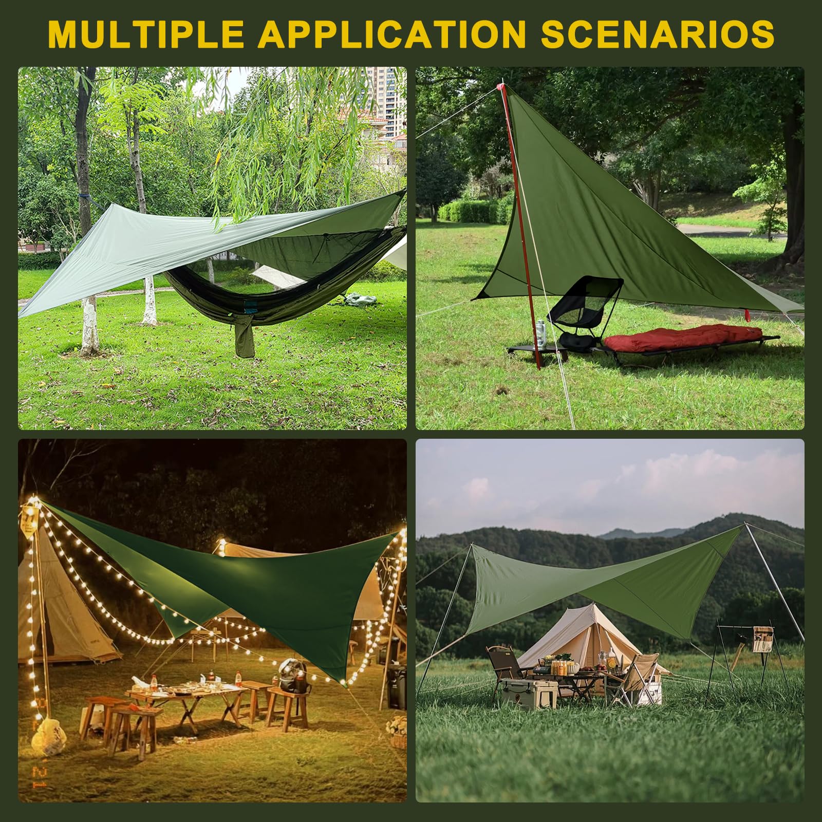 Hossom Toldo Camping Impermeable, 3,4X2,6M Ultraligero y Portátil Toldo de Refugio, ienañda de Campa Hamaca, Protección UV, Anti Desgarro, Tarp para Hamaca Picnic Pesca Camping Senderismo
