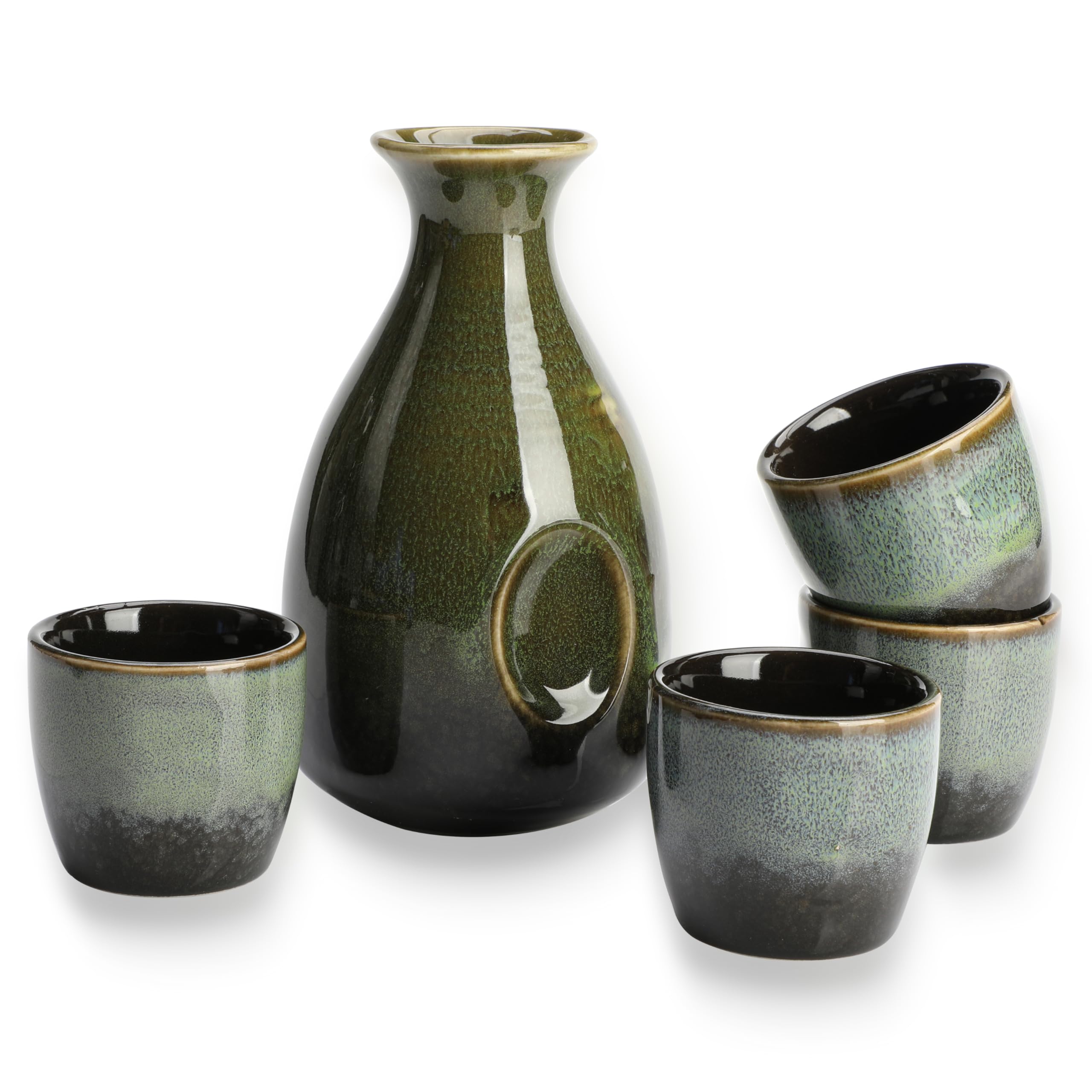Juego de sake con taza y olla de vino, juego de cerámica para calentadores, incluye 1 olla grande y 4 tazas (negro y verde)