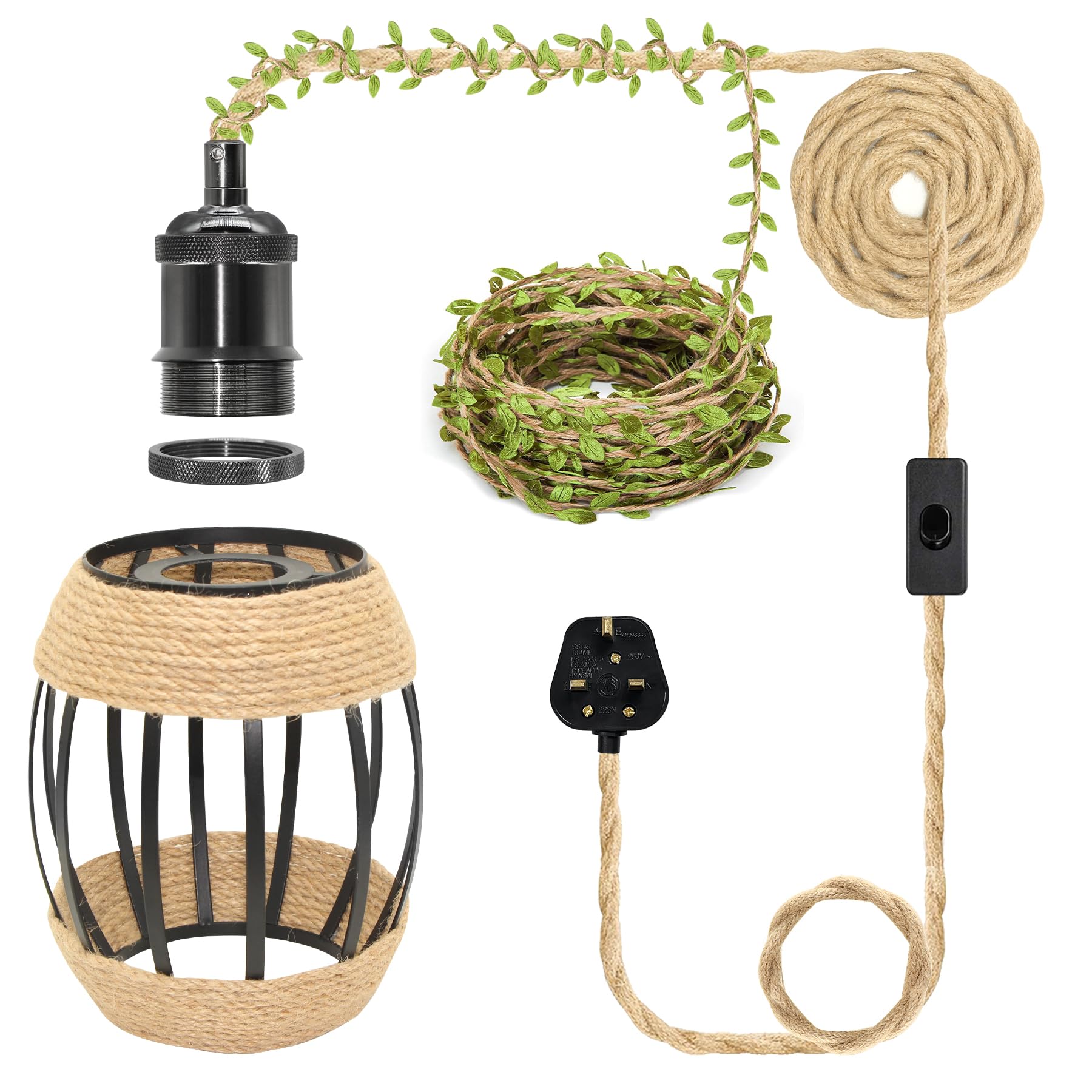 ZRLXFM 5.1M Hemp Rope Plug in Pendant Lighting Kit, E27 Metal Lamp Holder with Switch, Black Barrel Shaped Hanging Lighting Kit, Equipped with 5M Green Leaf Decorative Cord