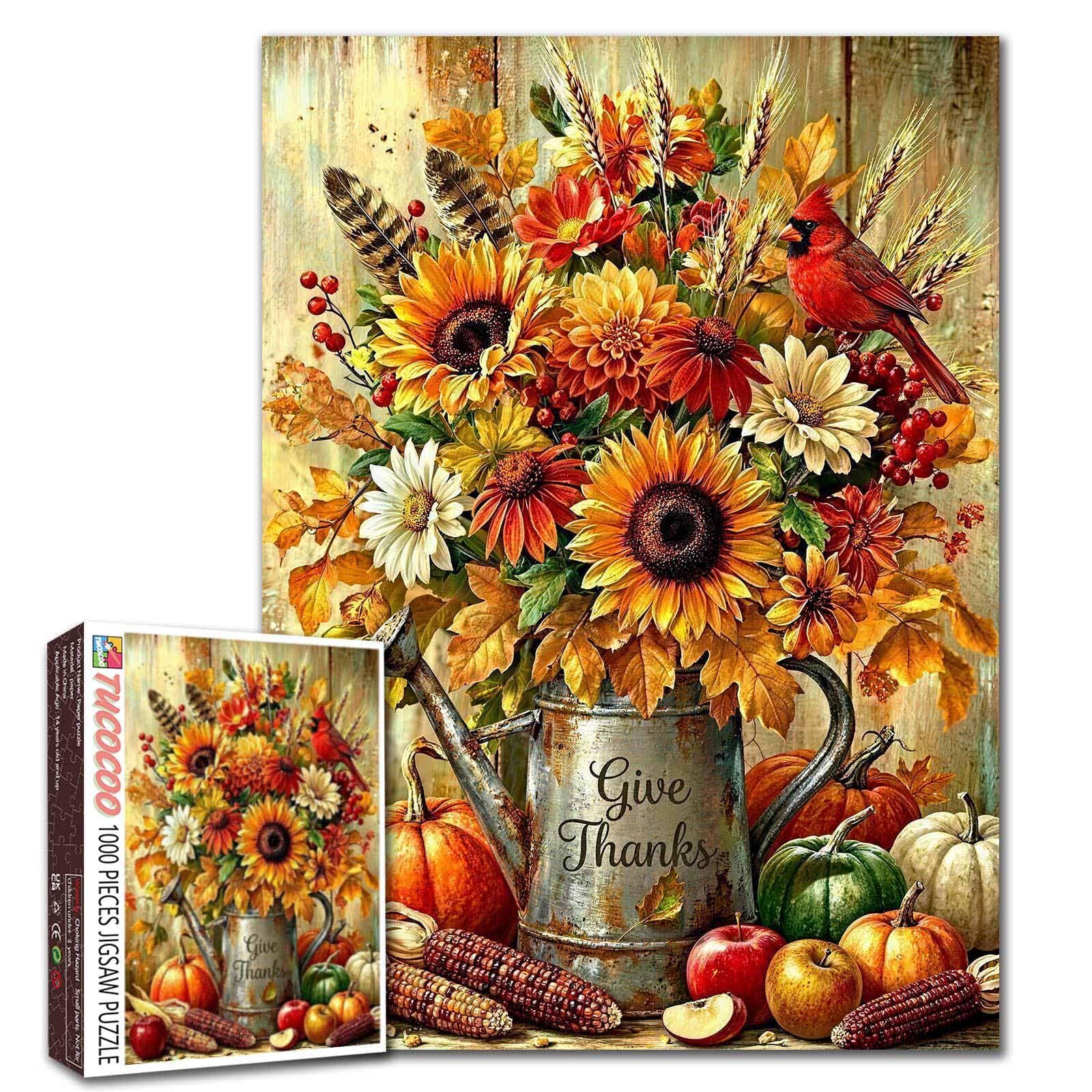 Fall Harvest Puzzle 1000 Pieces for Adults, Rustic Watering Can with Sunflowers Jigsaw Puzzle Autumn Harvest Flowers Pumpkins Apples Corn Puzzles, Thanksgiving Country Decor Artwork Seasonal Gift