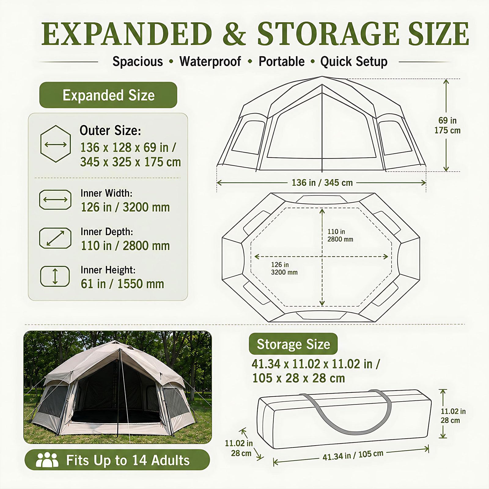 Namiot glamping pop-up dla 14 – wys. 175 cm | Duże siatkowe okna dla panoramicznego widoku i braku komarów.