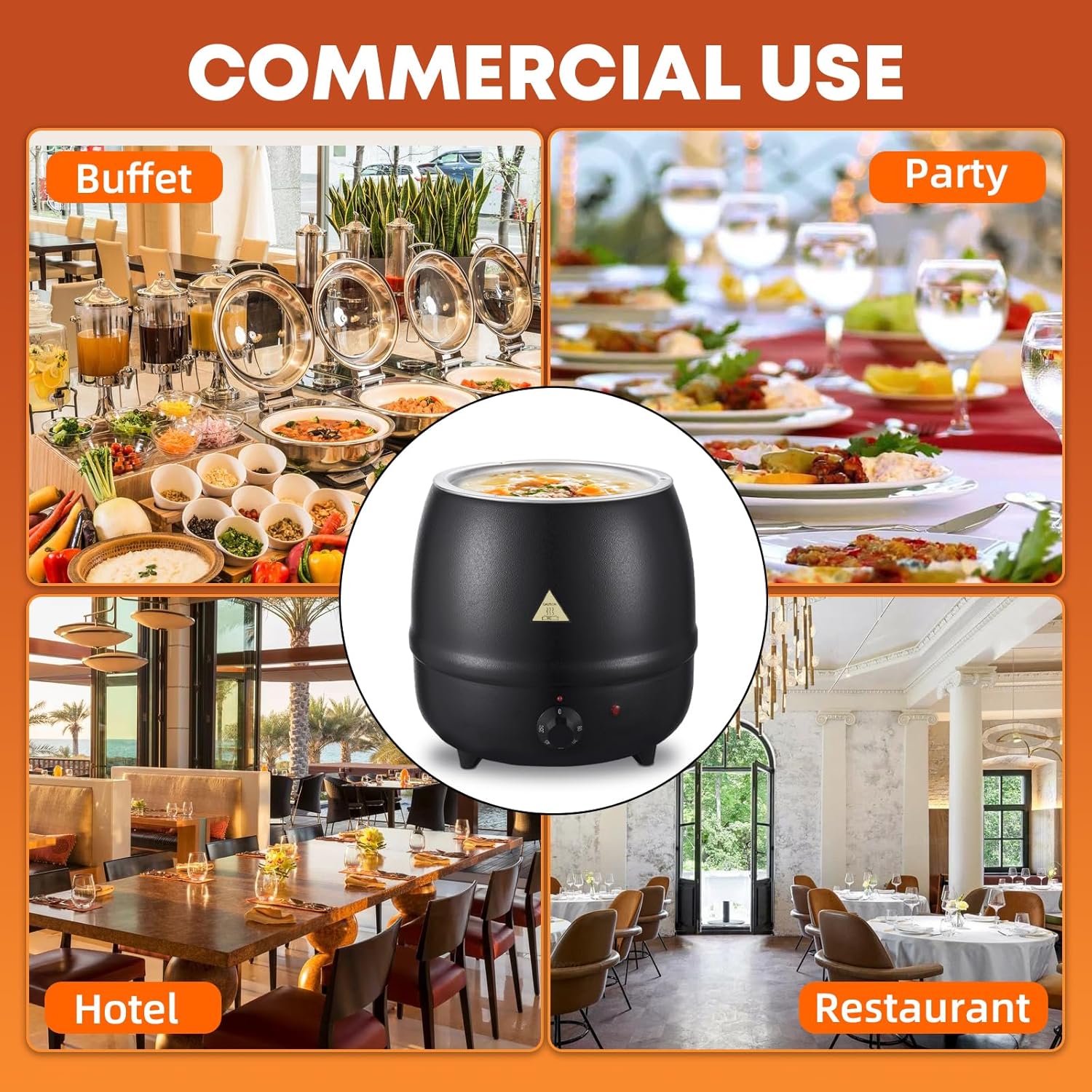 Commercial Soup Warmers Soup Kettle with Stainless Steel Hinged Lid and Detachable Insert Pot for Restaurants and Party, Home, Catering