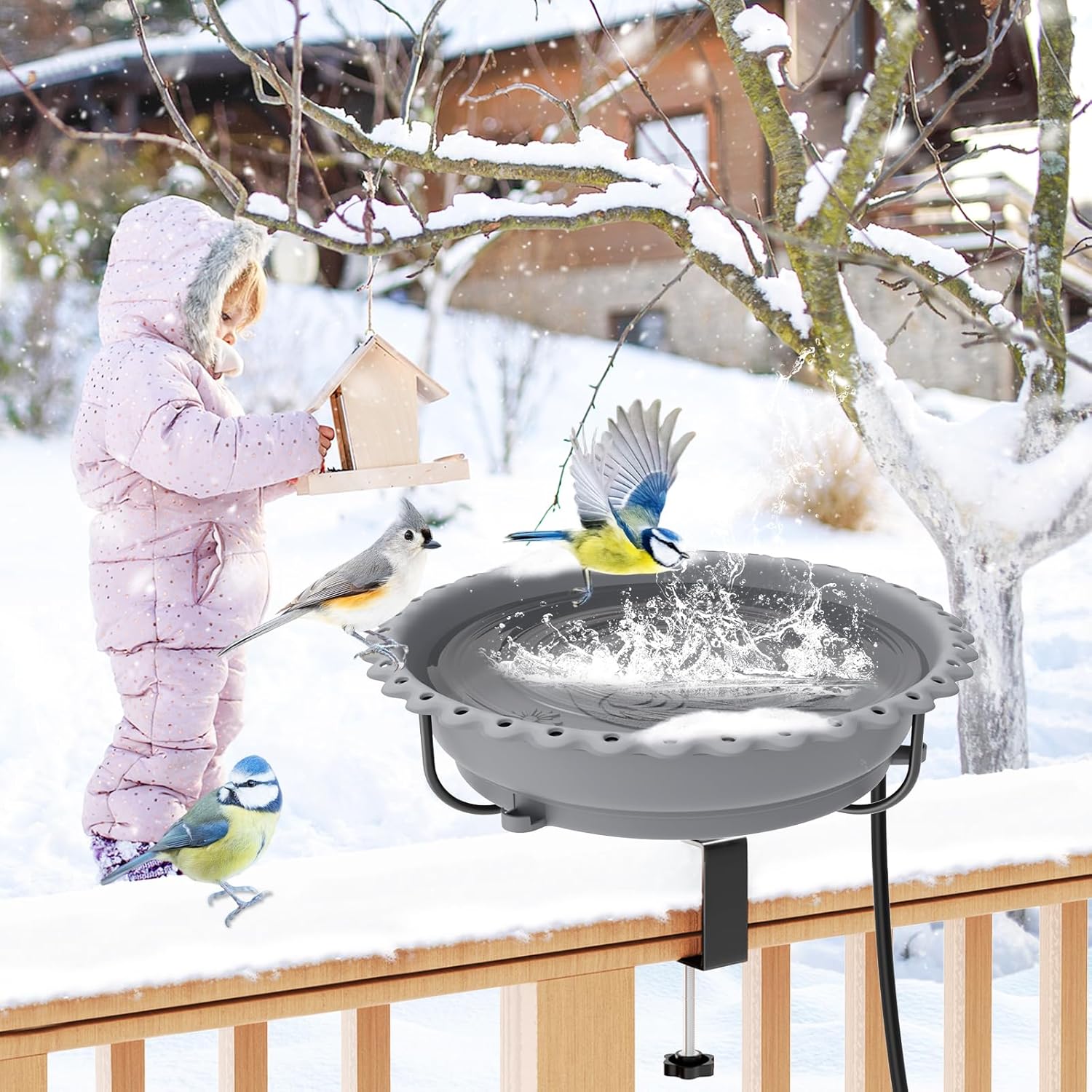 Heated Bird Baths for Outdoors, Upgraded 100W Thermostatically Controlled Heated Bird Bath for Deck Railing Large Capacity Heated Birdbath for Outside Winter Garden Yard Patio Lawn (Grey)