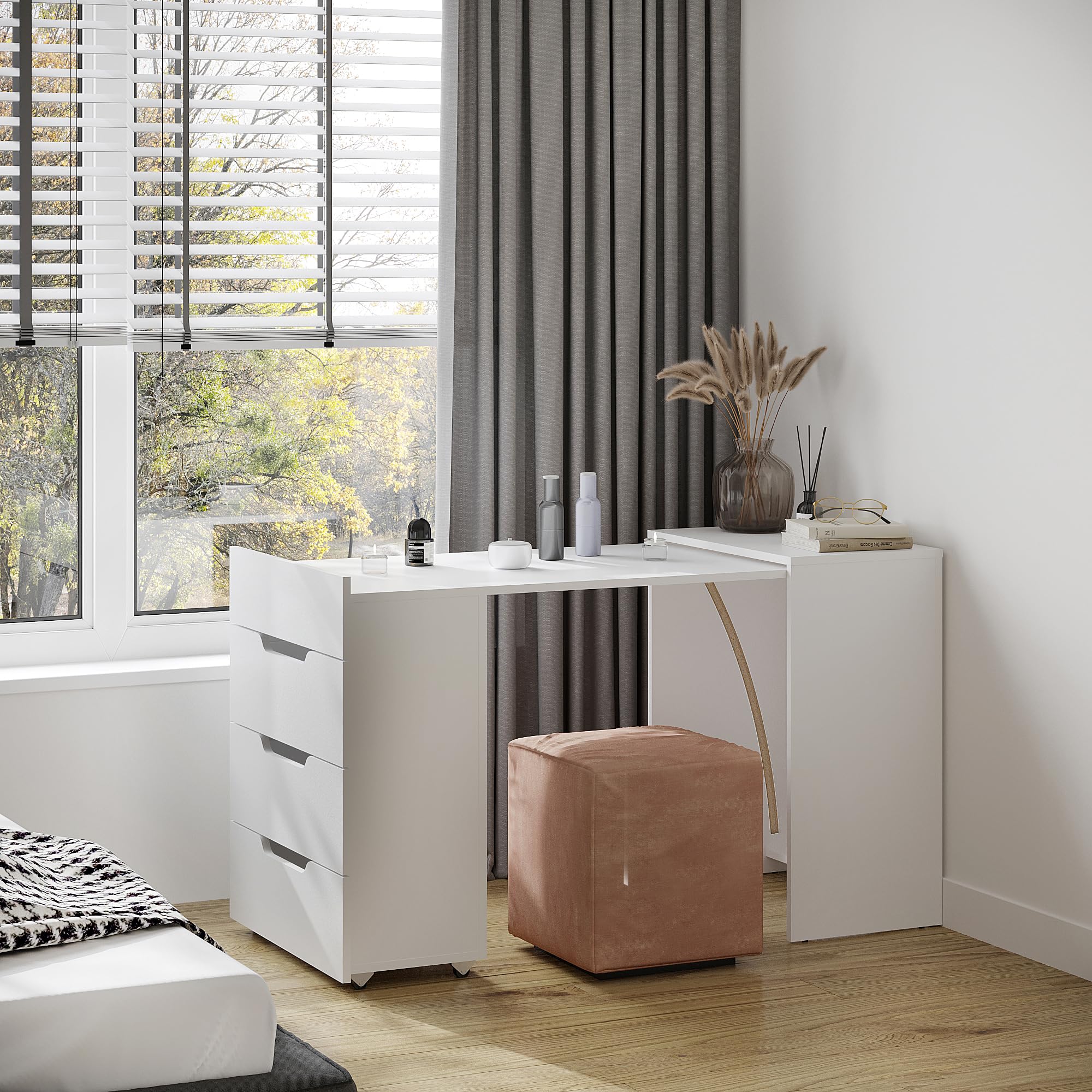 Komto Bureau Pliable Blanc avec 3 Tiroirs – Table Informatique PC, Meuble de Travail Gain de Place pour Petit Espace | FOLDY 128 x 60 x 75 cm