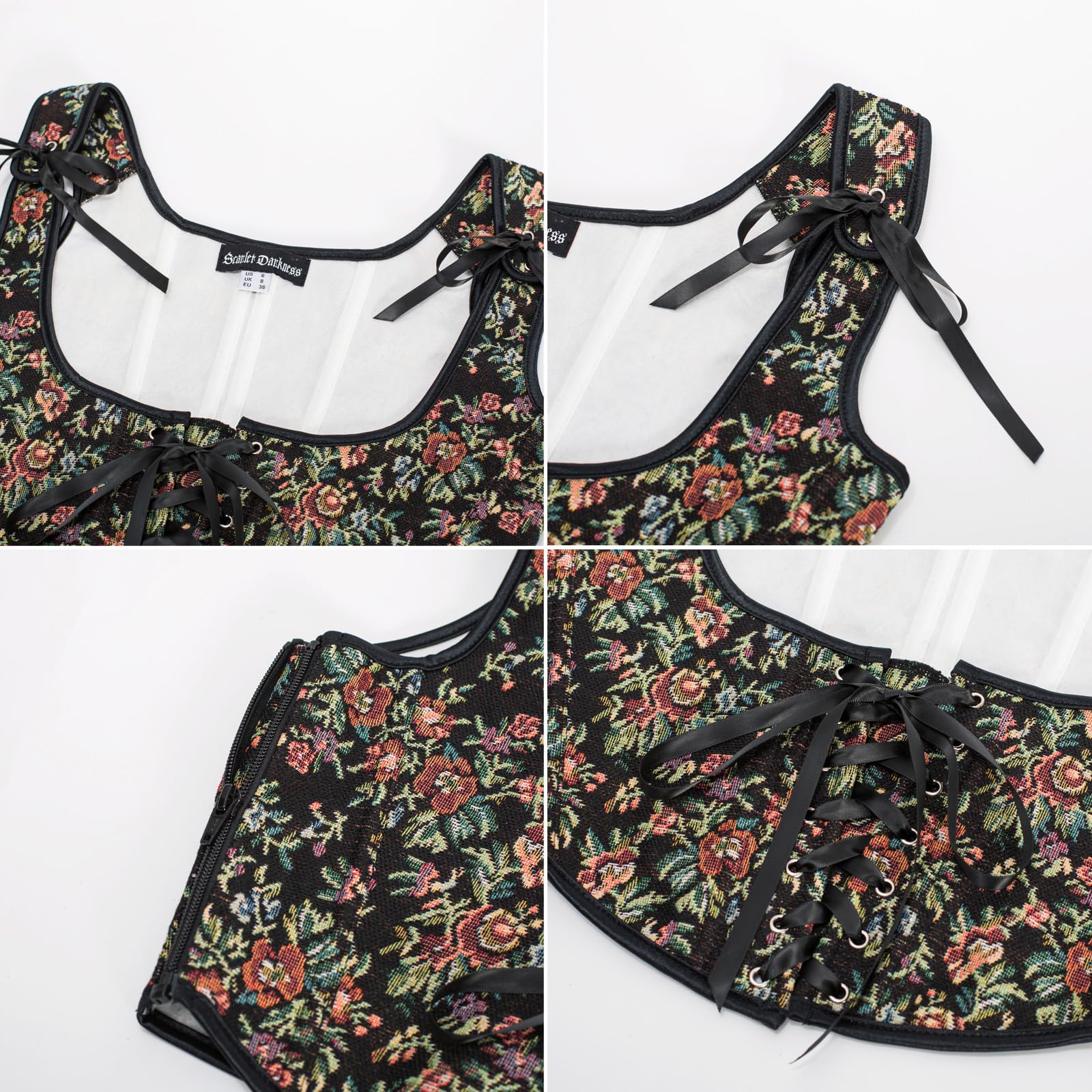 SCARLET DARKNESS Damen Renaissance Korsett U-Ausschnitt Lace-up Corset Top Blumendruck Bustier