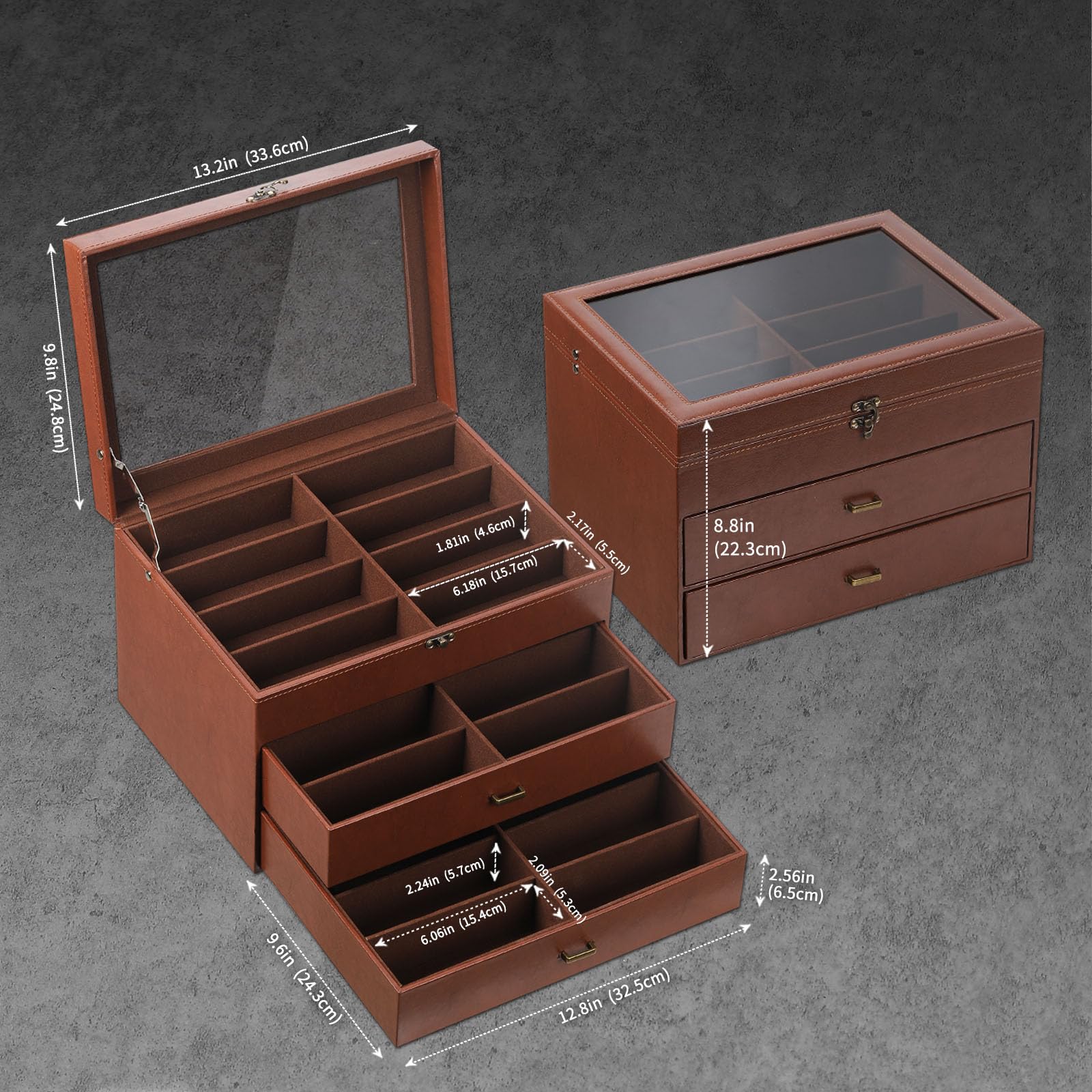 AUTOARK Aufbewahrungsbox für Brillen und Sonnenbrillen,aus Leder und Samt,transparenter Deckel,verschließbar,24 Stück,Kaffee,MKAW045