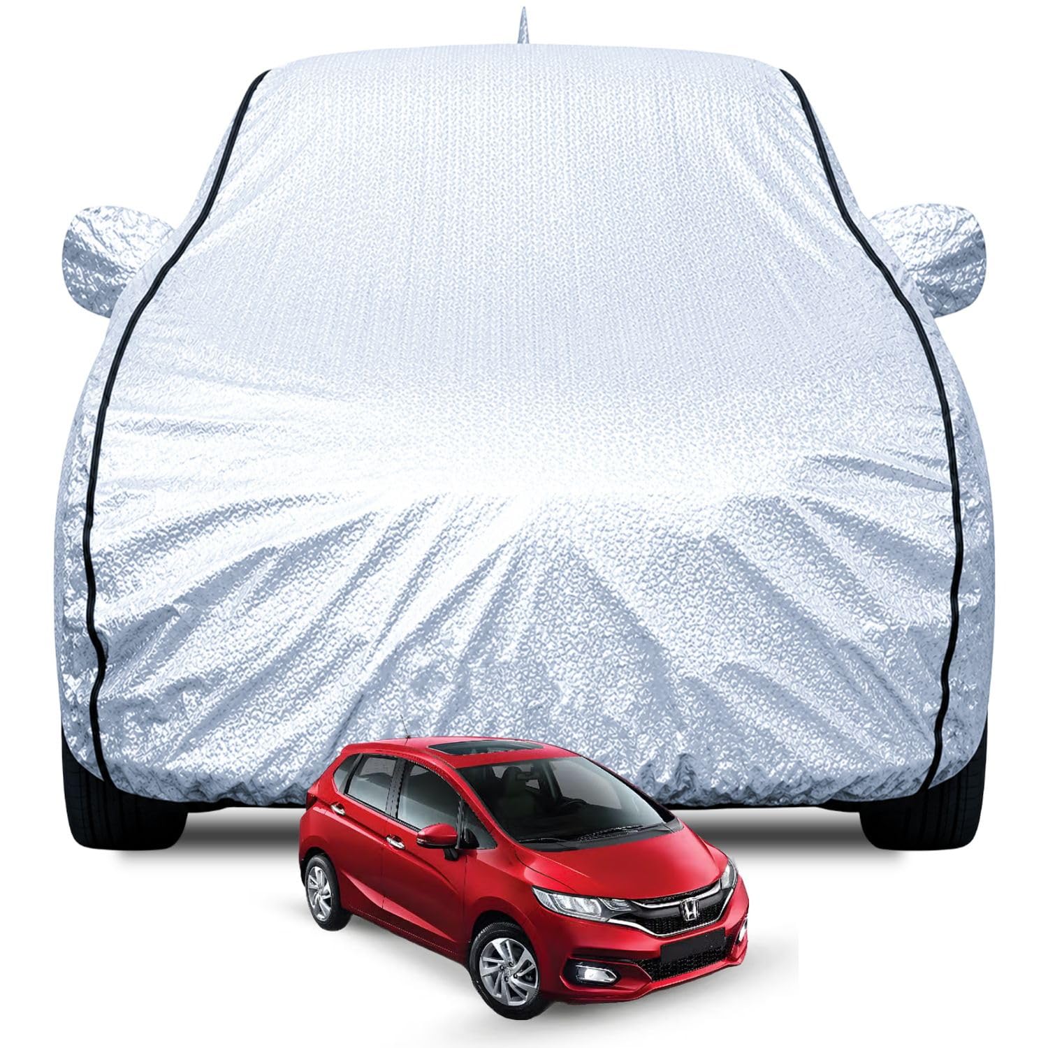 FABTEC Waterproof Car Body Cover for Honda Jazz with Mirror and Antenna Pocket, Soft Cotton Lining, Triple Stitched (Heat Resistant Metallic Silver with Black Piping)