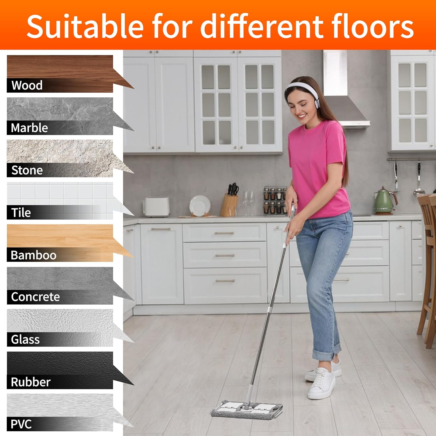 Premium 360° Microfiber Wet Mop for Floor Cleaning; 4 Heavy Duty Reusable Microfiber Pads; Adjustable Height and Sturdy Steel Hardware; Vinyl, Tile, Laminate and Hardwood Floor Mop Cleaner