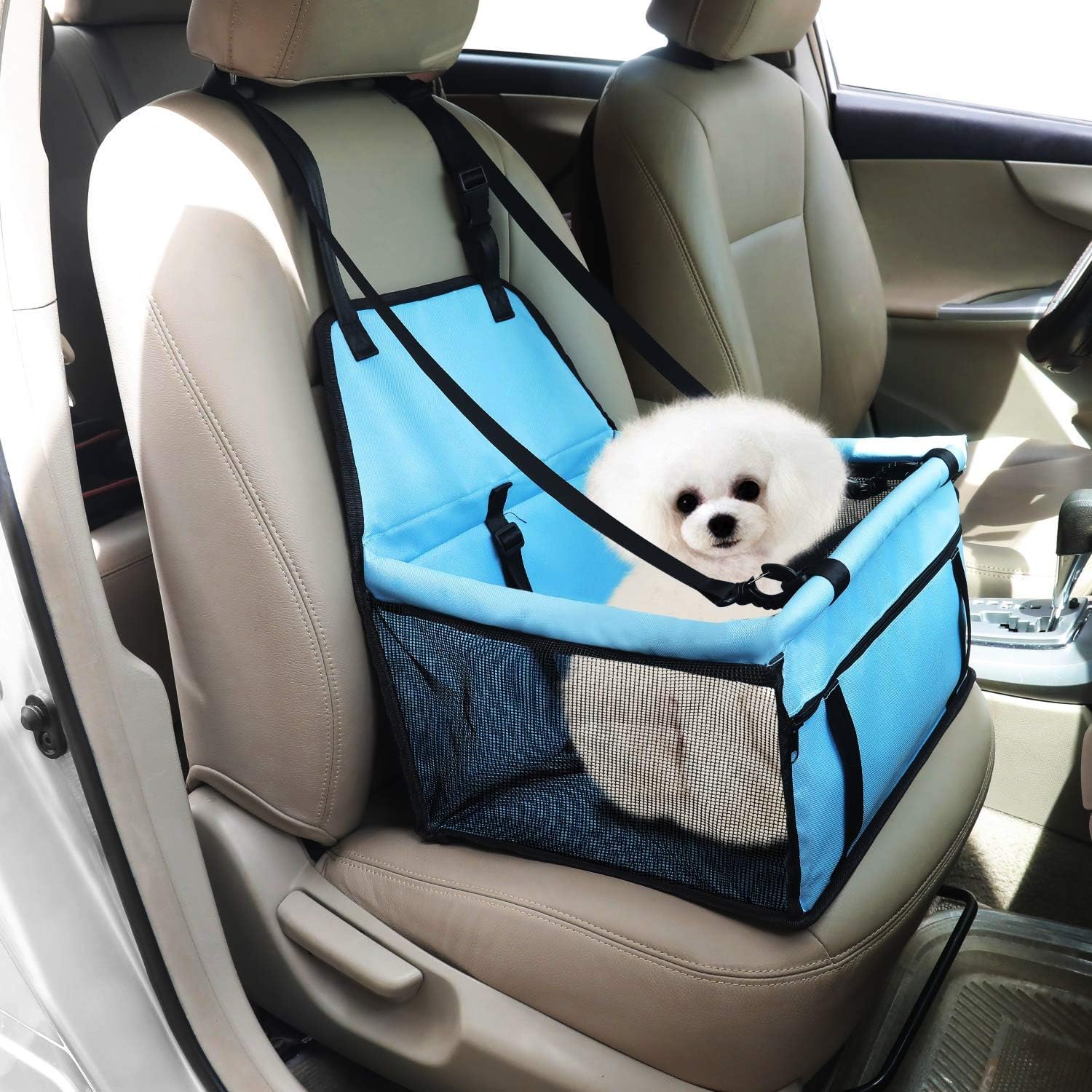 FLY OCEAN Pet Booster Seat, Hollow Mesh Breathable Pet Car Seat with Safety Belt Zipper Storage Bag Luxury Waterproof Dog Chair Fit for…