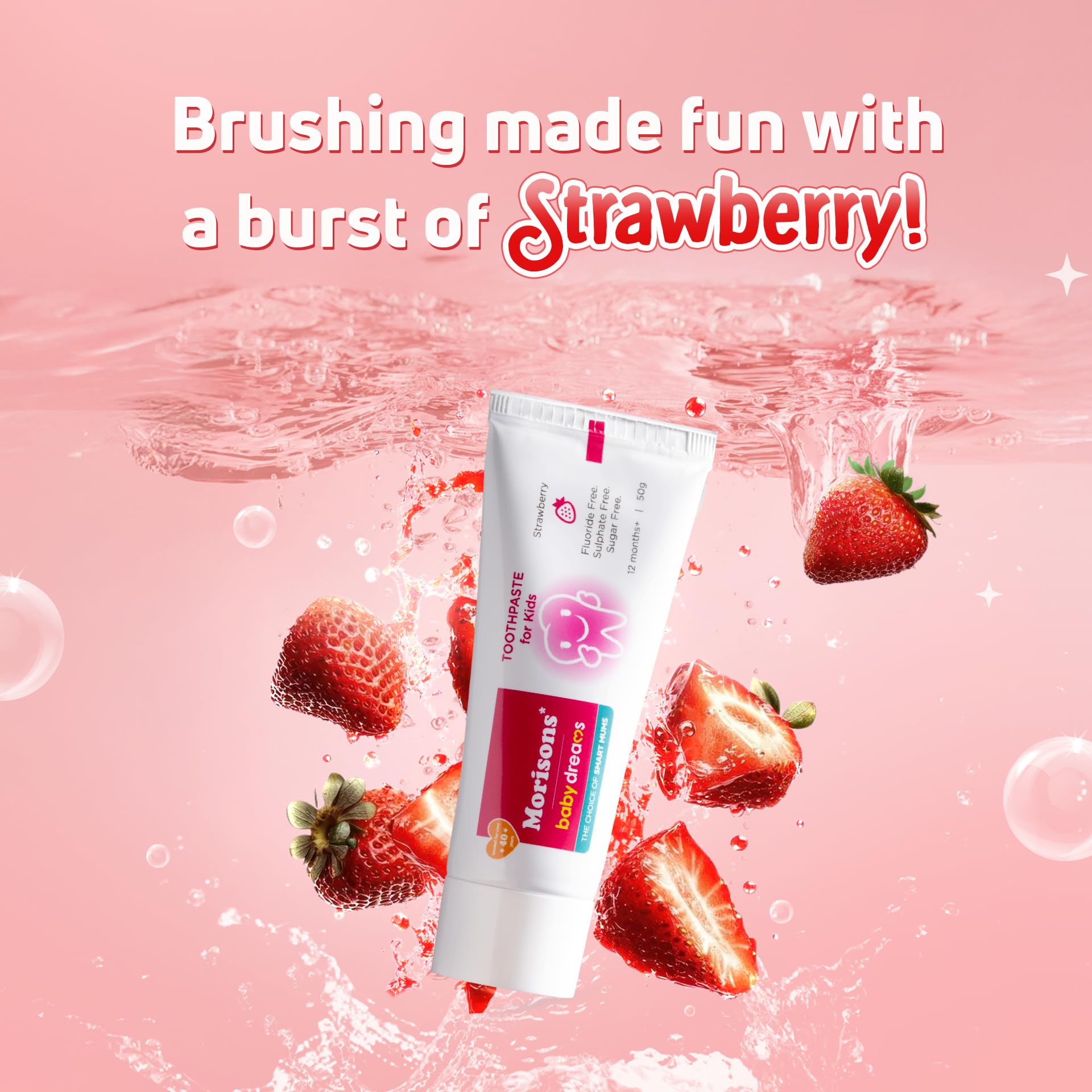 Morisons* Babydreams The Choice Of Smart Mums Kids Strawberry Flavour Toothpaste 50 Gram (Pack Of 3), Fluoride Free, Sulphate Free & Sugar Free, 12M+ 2