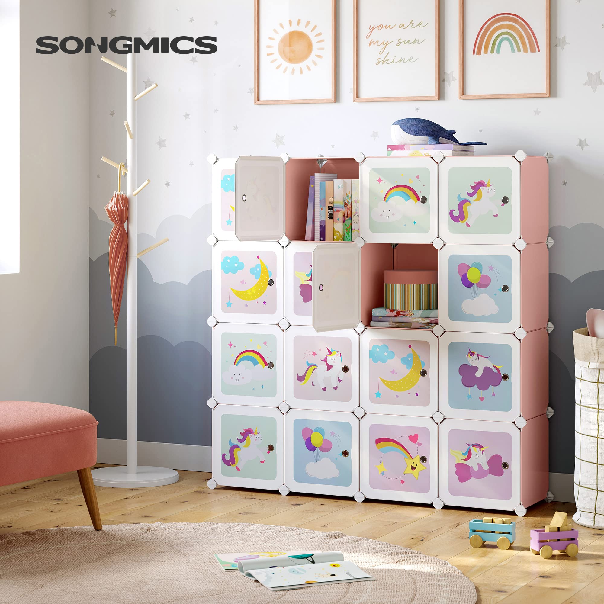 SONGMICS Meuble Rangement Enfant 16 Cubes, Armoire Modulable avec Portes, Étagère en Plastique, pour Jouets, Vêtements, Chaussures, Sacs d'École, 123 x 31 x 123 cm, Rose LPC906P01