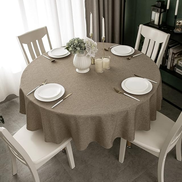 WELTRXE Round Table Cloth,150cm Diameter,Faux Linen Tablecloth,Water Resistant Spill Proof Wipeable Polyester Dining Table Cover for Cafe Restaurant Buffet Tabletop Decoration,Dark Linen