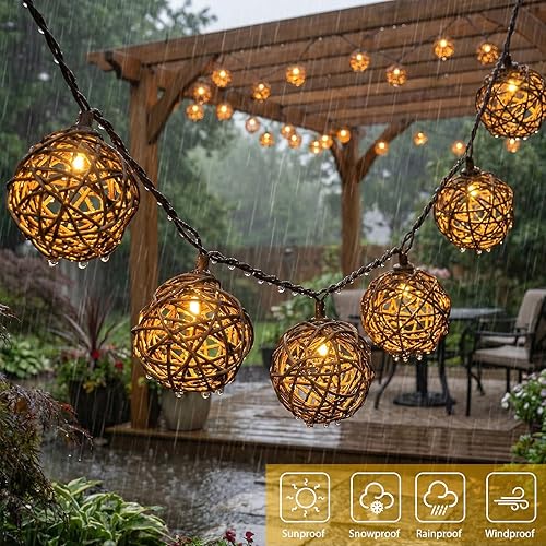 Miniatura 4 de Vigdur Luces de Cadena de Bolas de Ratán, Luces de Cadena de Linterna Boho con 10 Bombillas LED Conectables, Luces de Cadena para Interiores