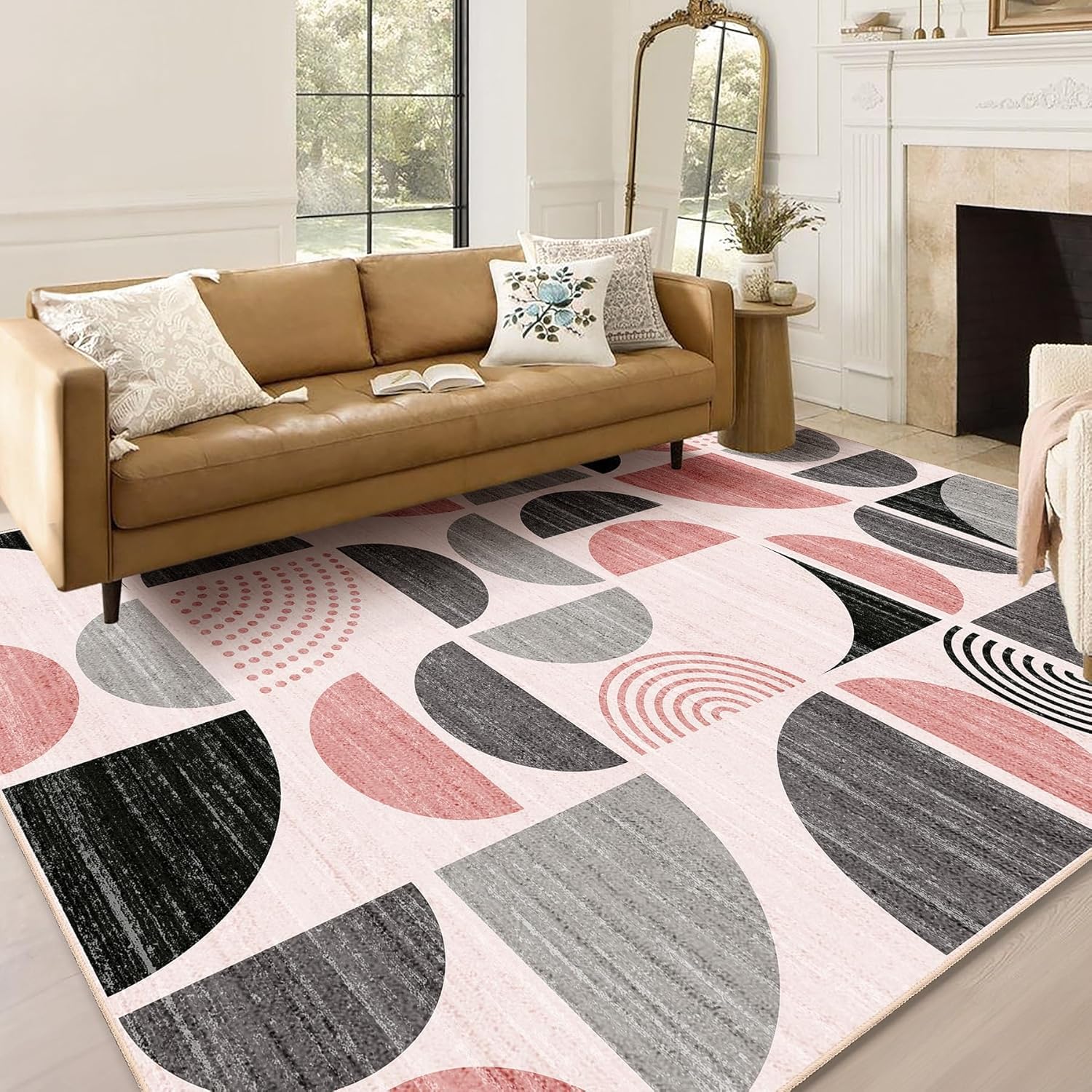 Tapis salon lavable 200 x 290 cm grand format géométrique rose et gris