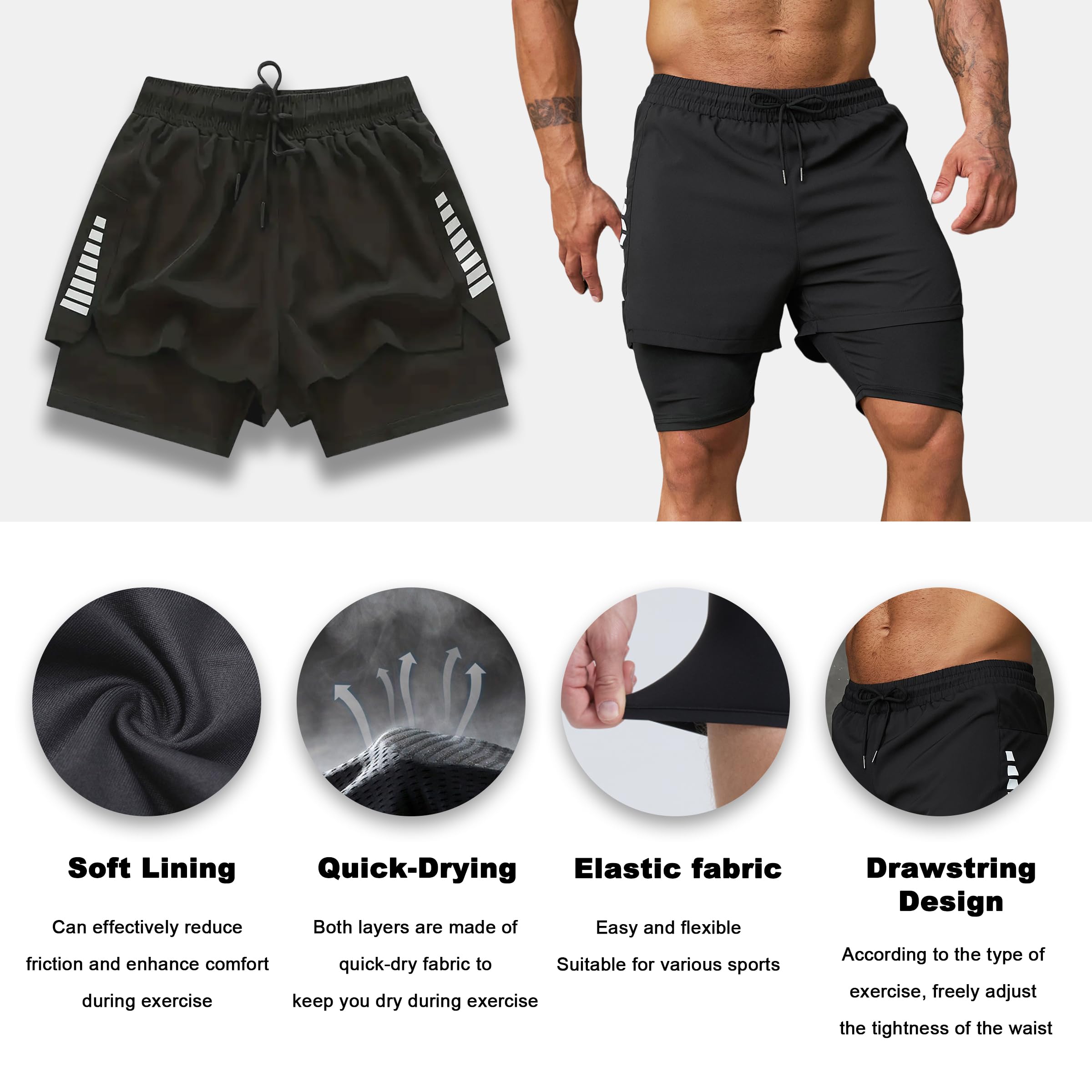 Pantalón Corto Deporte Hombre 2 en 1 Secado Rápido con Bolsillos Transpirables