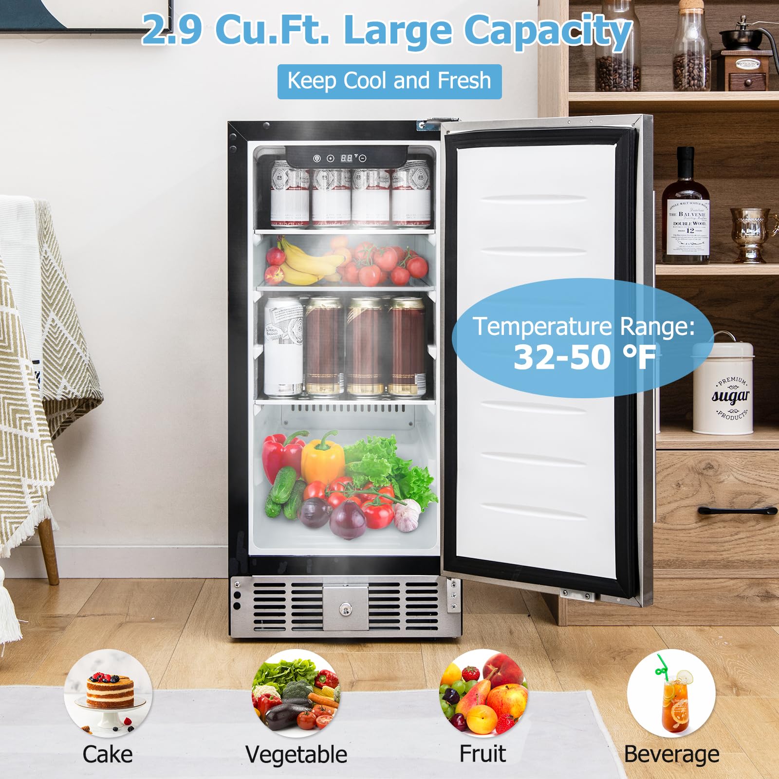 Kotek 115 Cans Beverage Refrigerator, 32 To 50℉, Under Counter Freestanding Beverage Cooler W/Lockable Stainless Steel Door For Drinks And Food, 2.9 Cu.Ft, Mini Beer Fridge For Bedroom, Dorm, Home on Fridge.com - View 2
