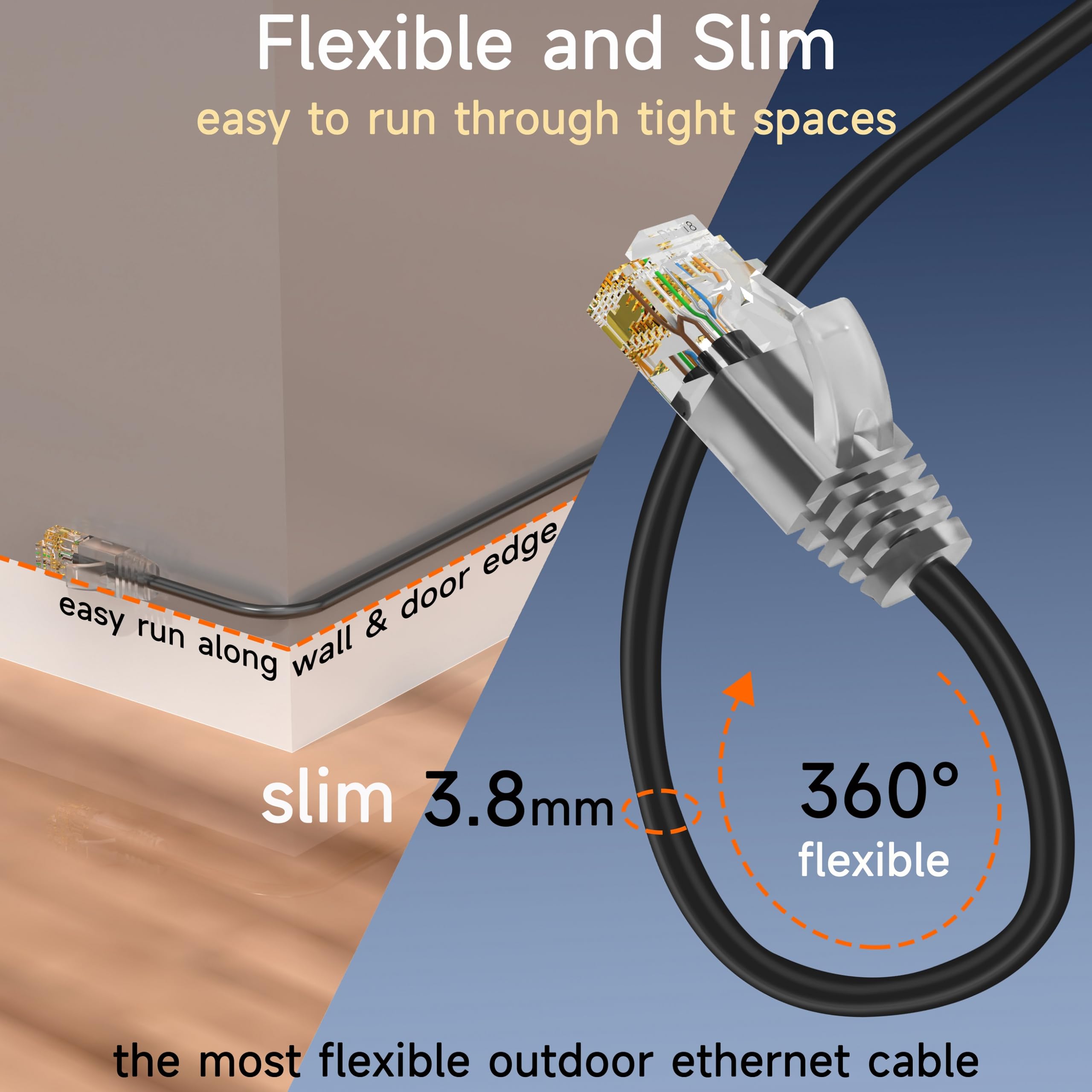 Câble de raccordement Ethernet fin Cat6a de 7,6 m pour extérieur et intérieur, câble réseau Internet Cat6 10 G, étanche, à enfouissement direct en polyéthylène basse densité UV, câble