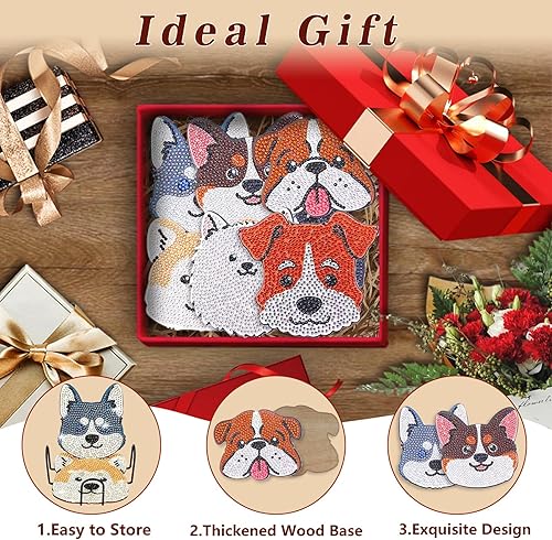 Miniatura 6 de 8 posavasos de pintura de diamante en forma de perro para bebidas, kits de pintura de diamantes para perros de mascotas con soporte, posavasos de