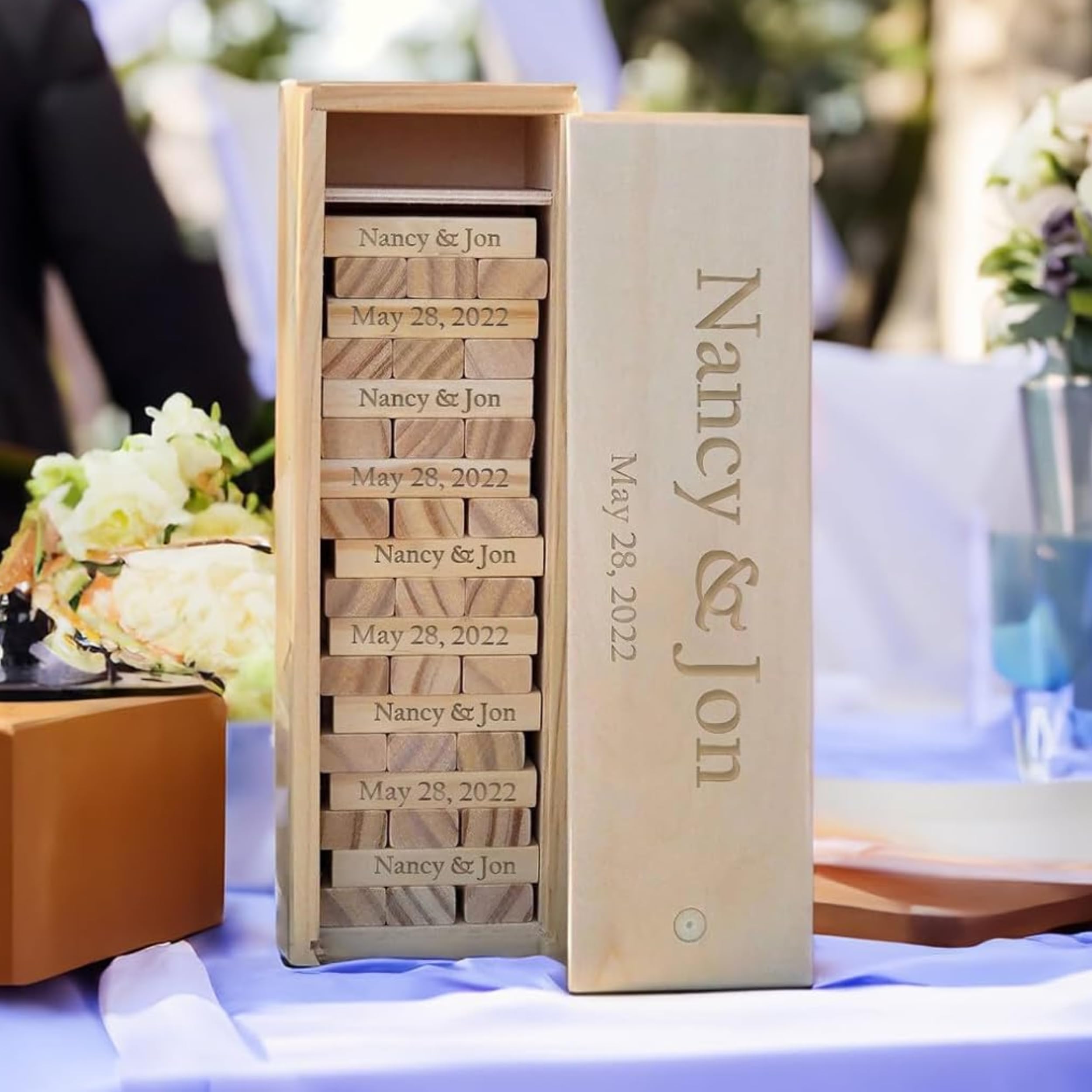 WE Games Libro de invitados de boda personalizado, caja de recuerdos de madera, 54 bloques, grabado personalizado
