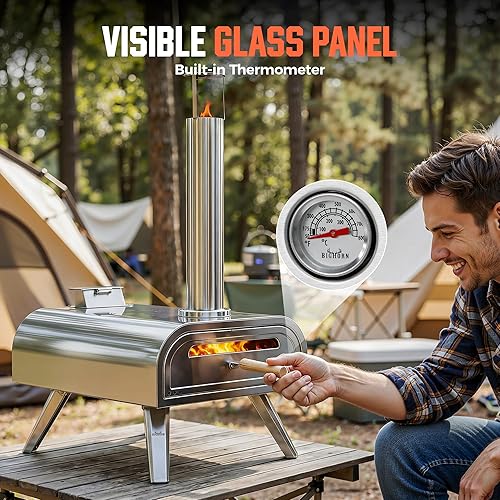 Miniatura 6 de BIG HORN OUTDOORS 16" Horno de piedra para pizza con leña, cocinador de pizza al aire libre de acero inoxidable 1112°F, portátil para uso en Plateado